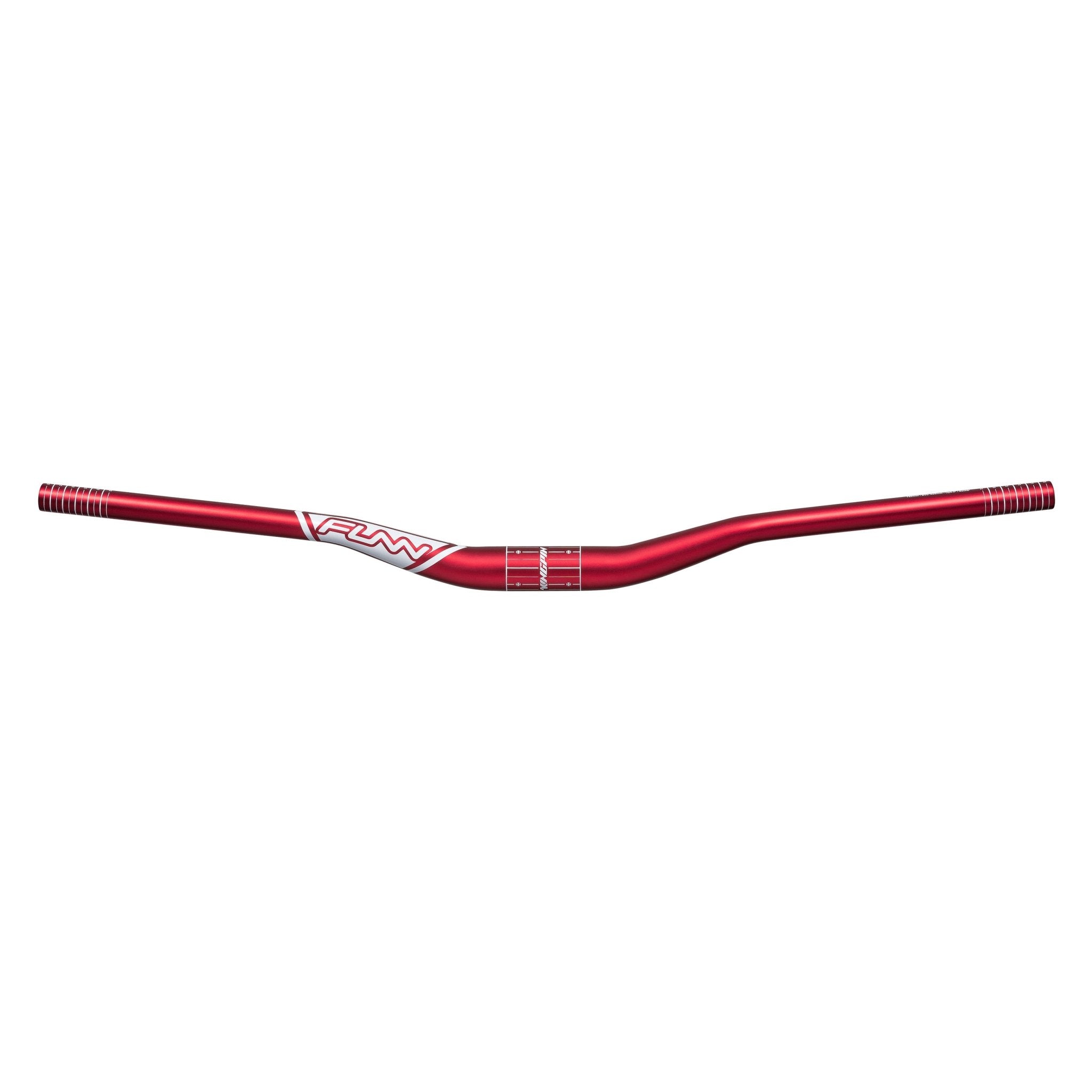 Red FUNN Kingpin Riser Handlebar, 35mm clamp, 30mm rise alloy MTB bar with sweep and white logo graphics