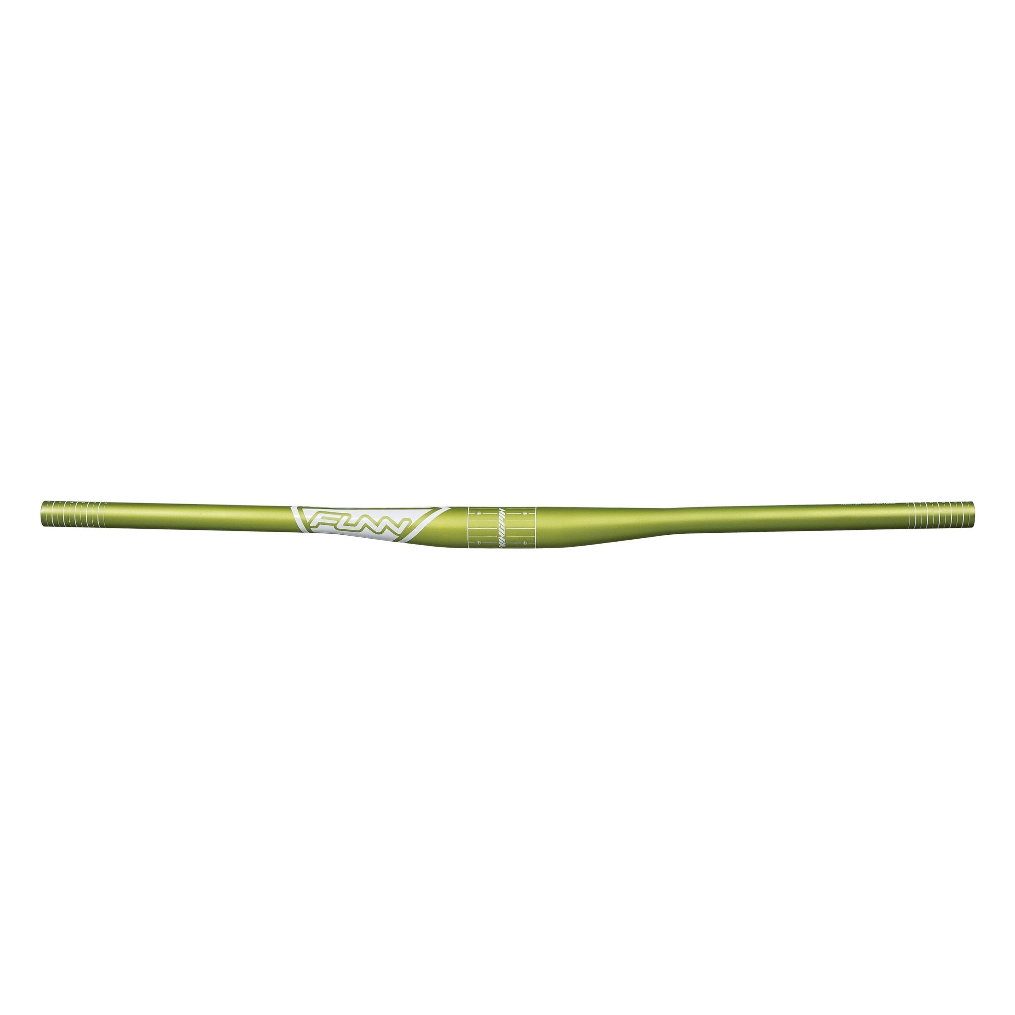 FUNN Kingpin Riser Handlebar, green alloy 35mm clamp with 7mm rise, lightweight flat MTB bar with white graphics