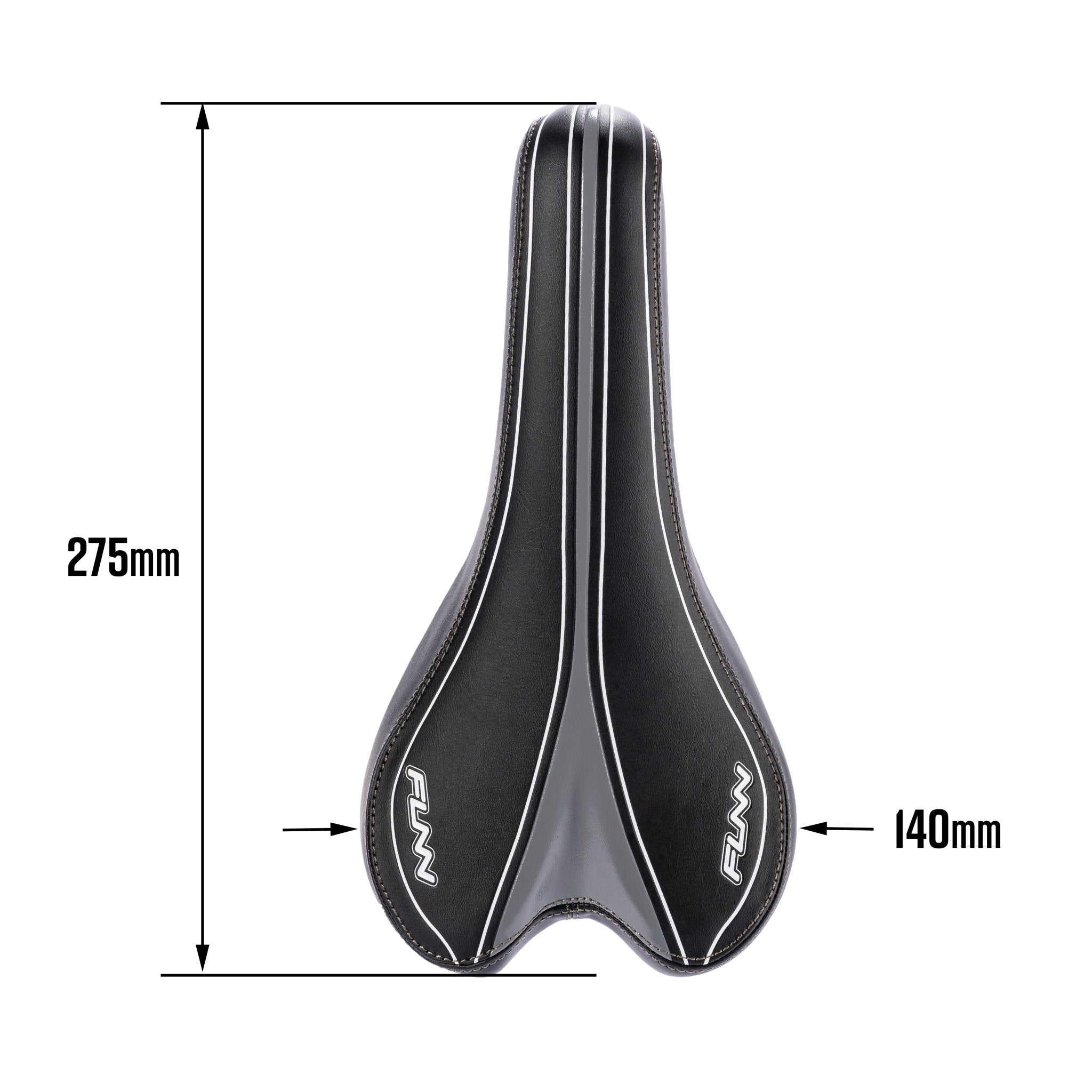 FUNN Launch II Saddle in black, slim ergonomic bike seat 275mm x 140mm with white accents for performance cycling