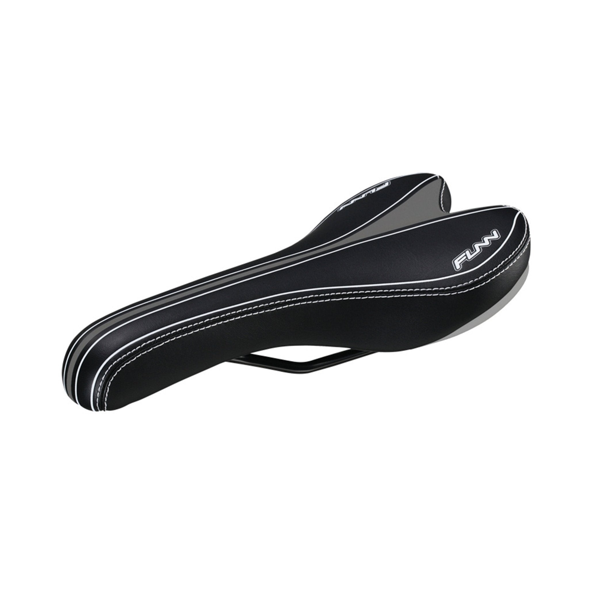 FUNN Launch II Saddle, sleek black bike seat with white stitching and slim ergonomic shape for comfortable cycling