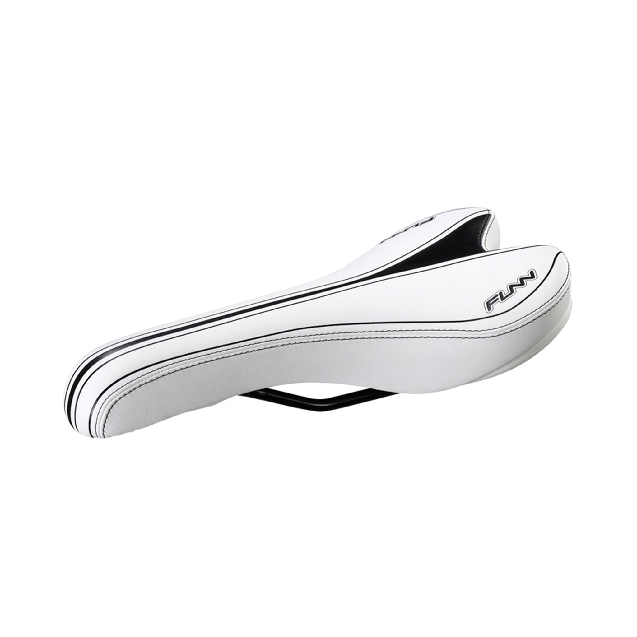 White FUNN Launch II Saddle with sleek black accents, ergonomic padded bike seat for comfort and performance riding.