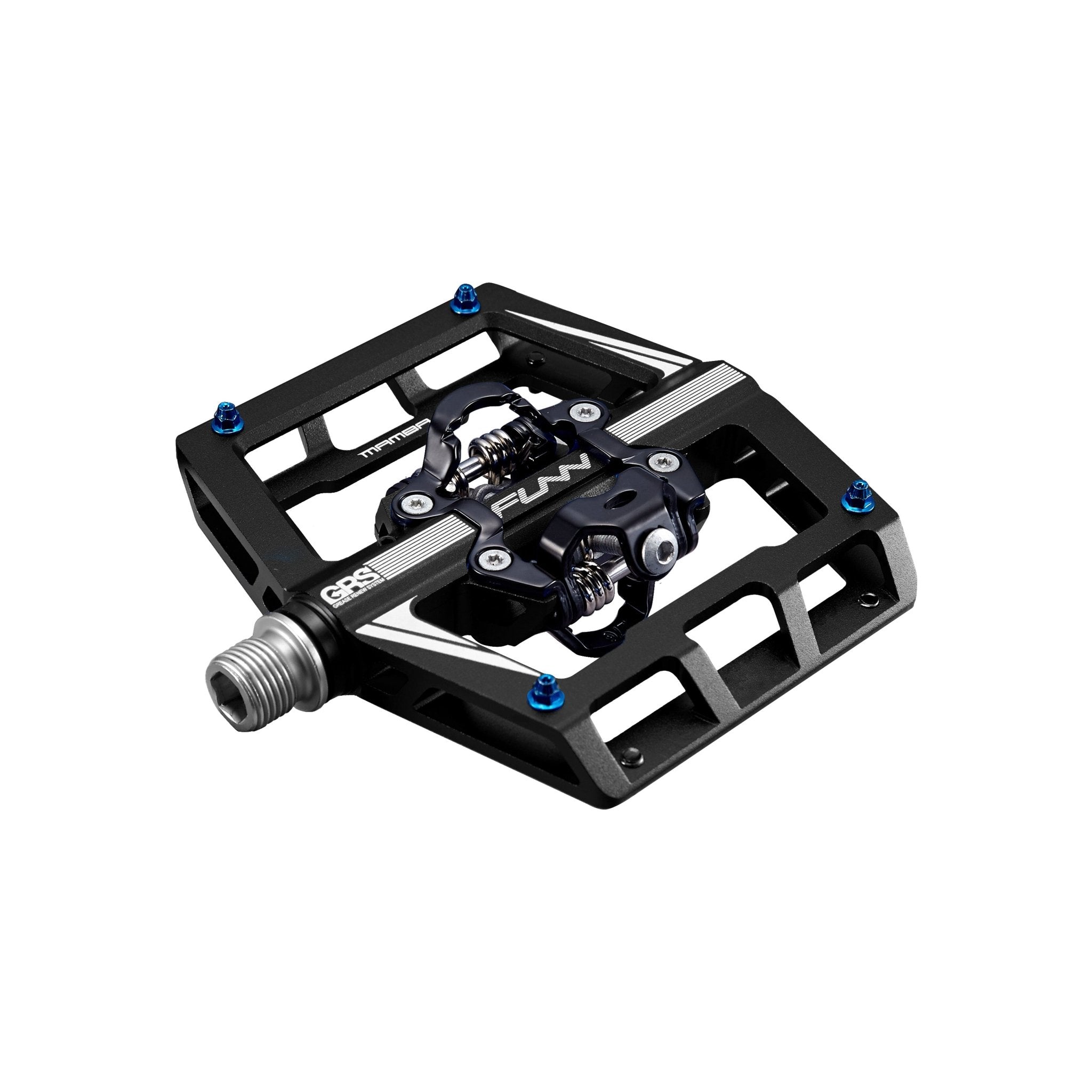FUNN Mamba Clip-In Pedals, black alloy platform with SPD-style clip mechanism and blue pins for secure mountain bike grip