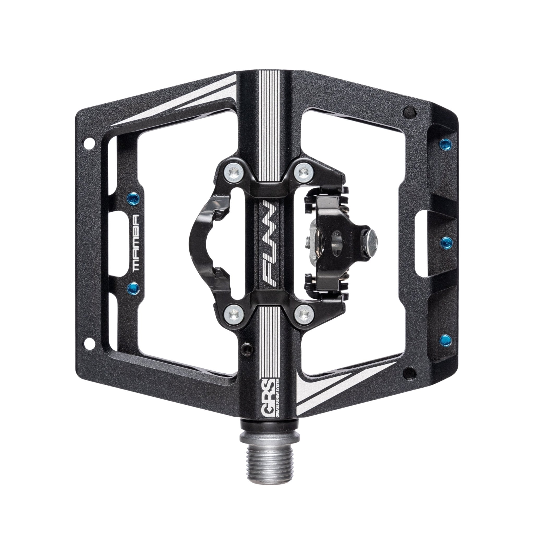 Black aluminum FUNN Mamba Clip-In Pedals, clip single side platform design with silver accents and blue pin bolts for MTB bikes
