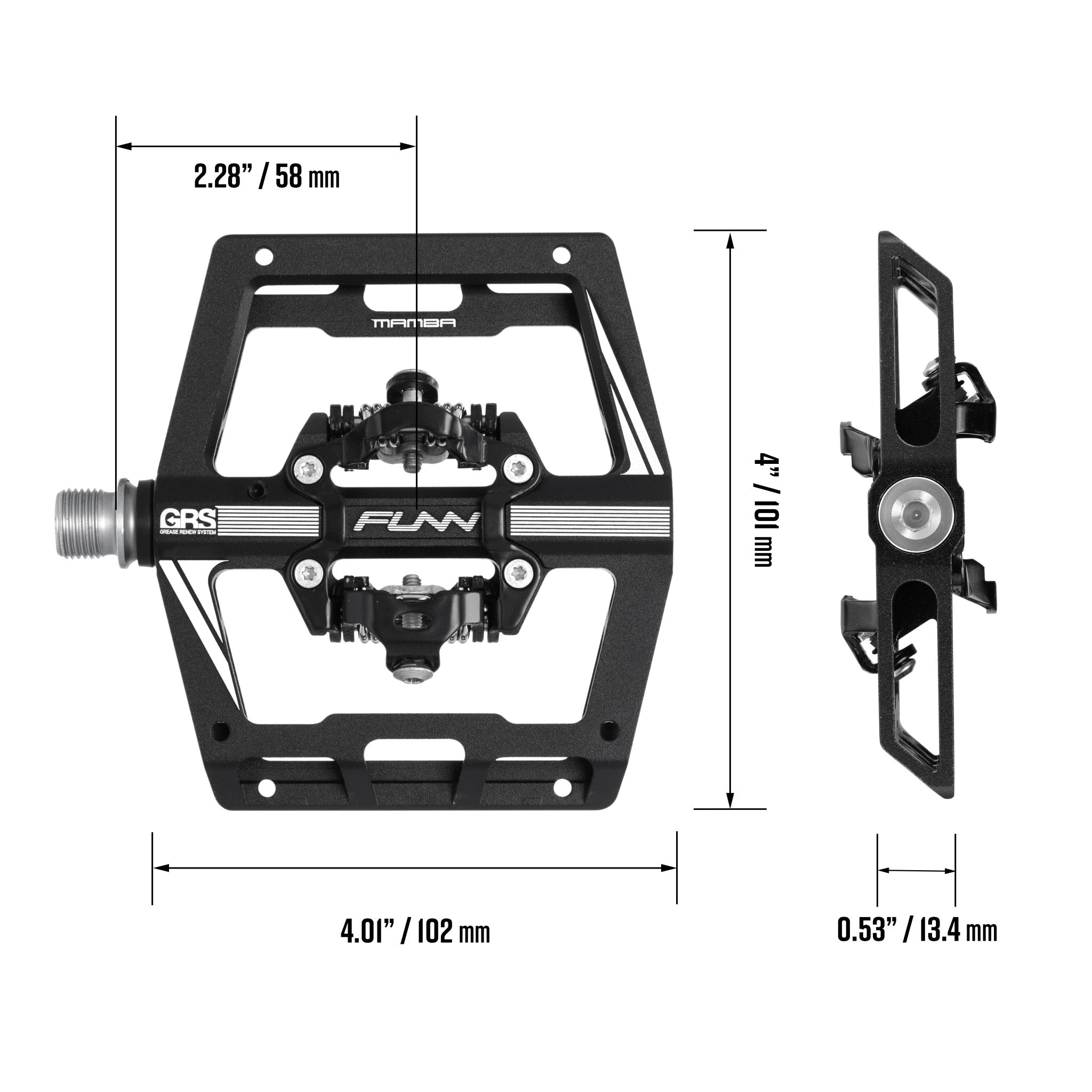 FUNN Mamba Clip-In Pedals, black alloy SPD system platform pedals with measurements, built for DH and Enduro mountain biking