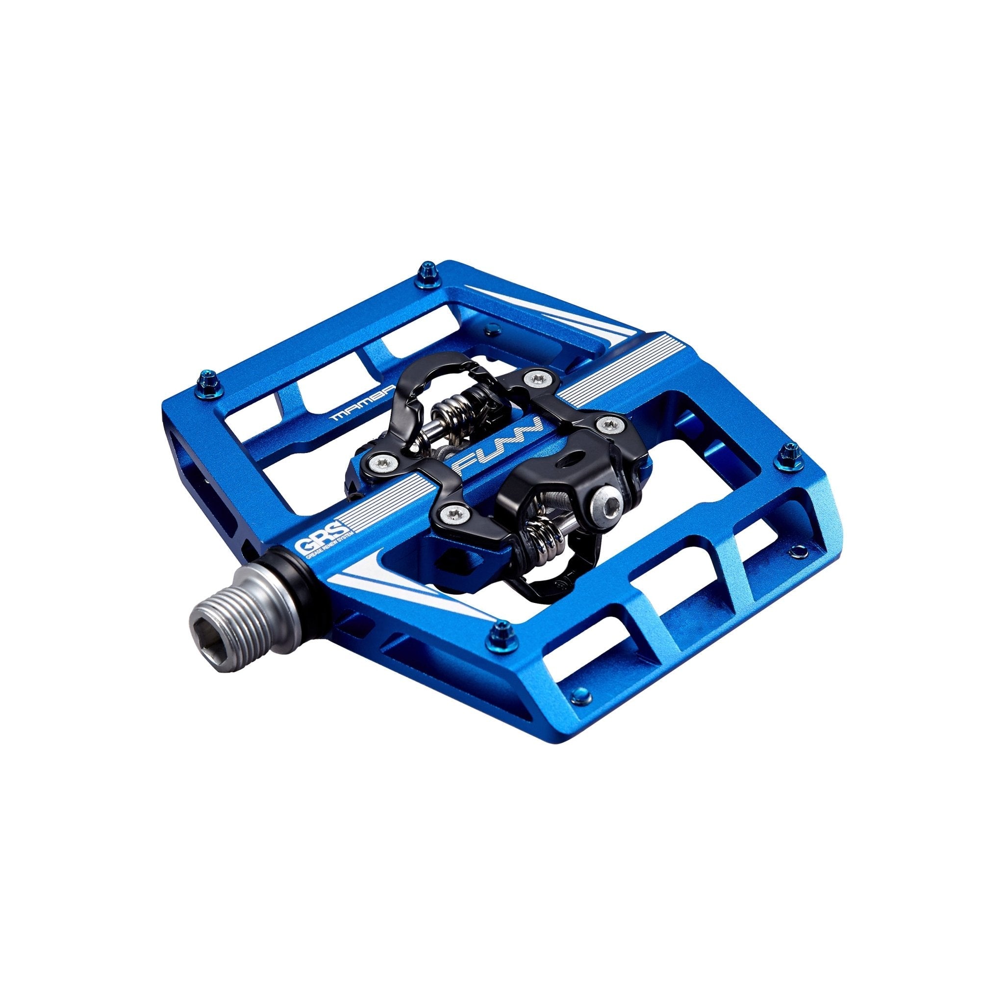 FUNN Mamba Clip-In Pedals in blue alloy with wide flat platform and SPD-style clip for secure mountain bike control