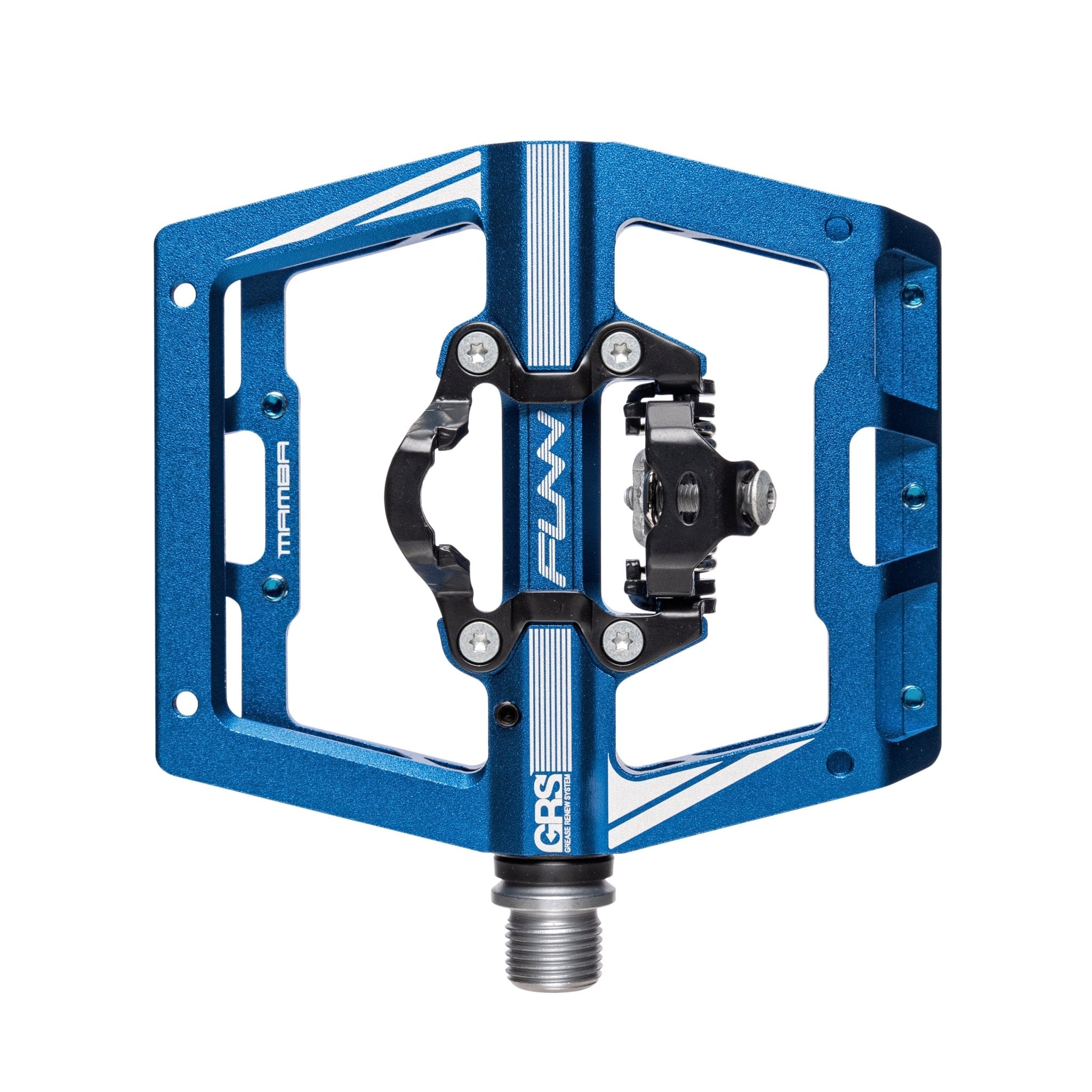 FUNN Mamba Clip-In Pedals, blue alloy platform with black clip single side for MTB riders, durable flat and clip combo