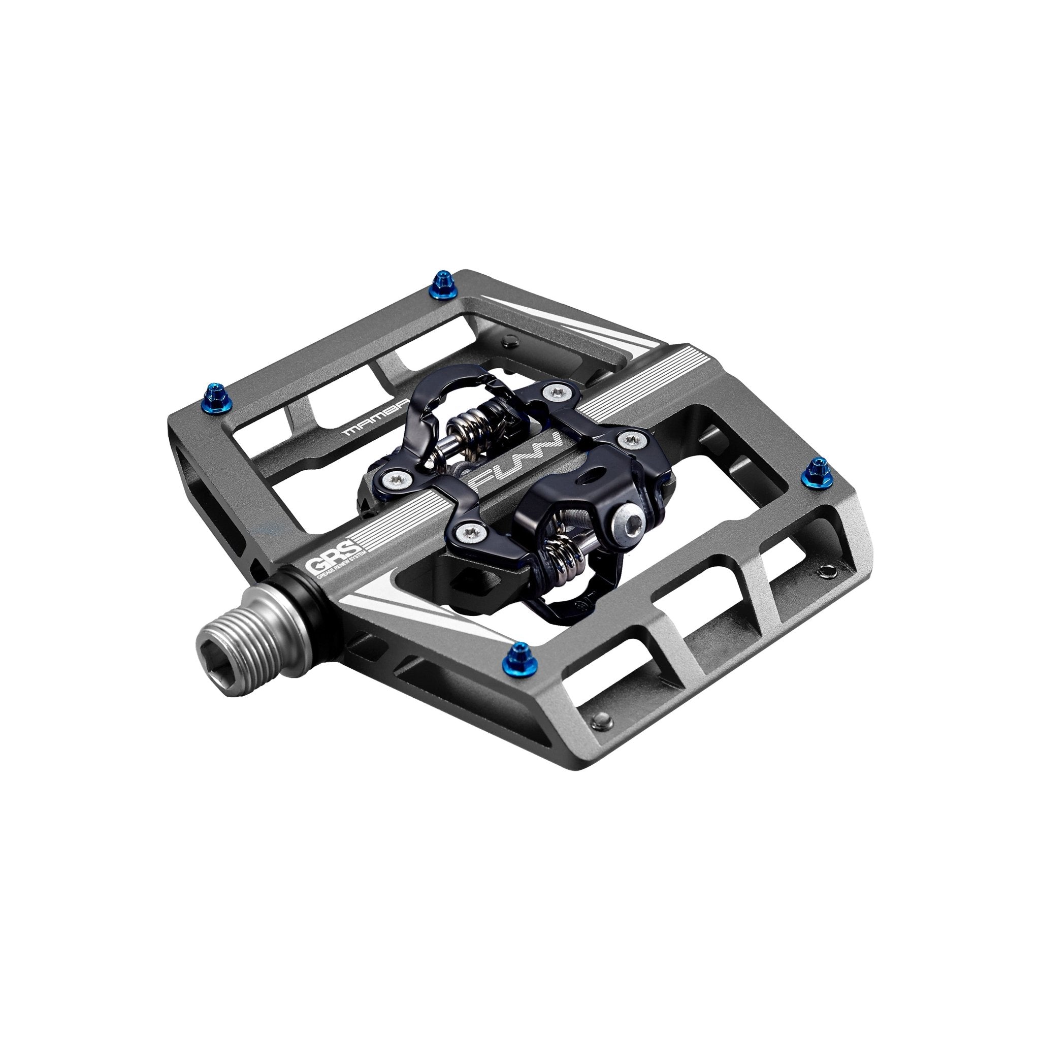 FUNN Mamba Clip-In Pedals, grey alloy platform with black clipless mechanism and blue pins for secure mountain bike control