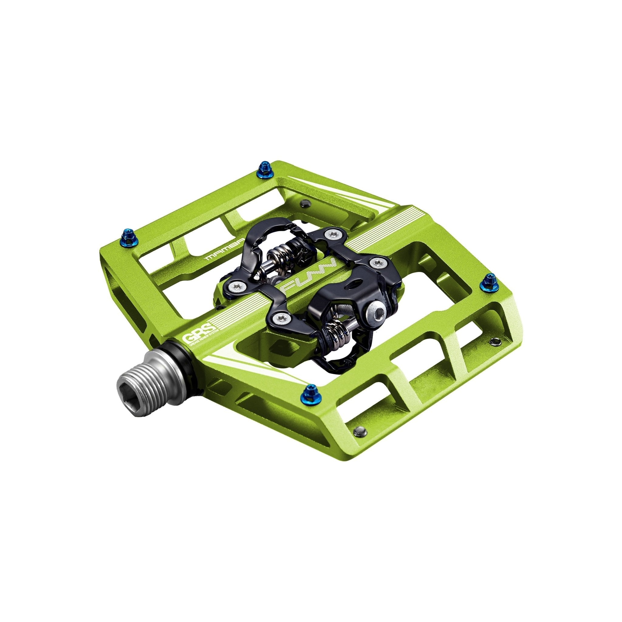 FUNN Mamba Clip-In Pedals, green alloy platform with dual-sided clipless mechanism for secure mountain bike performance