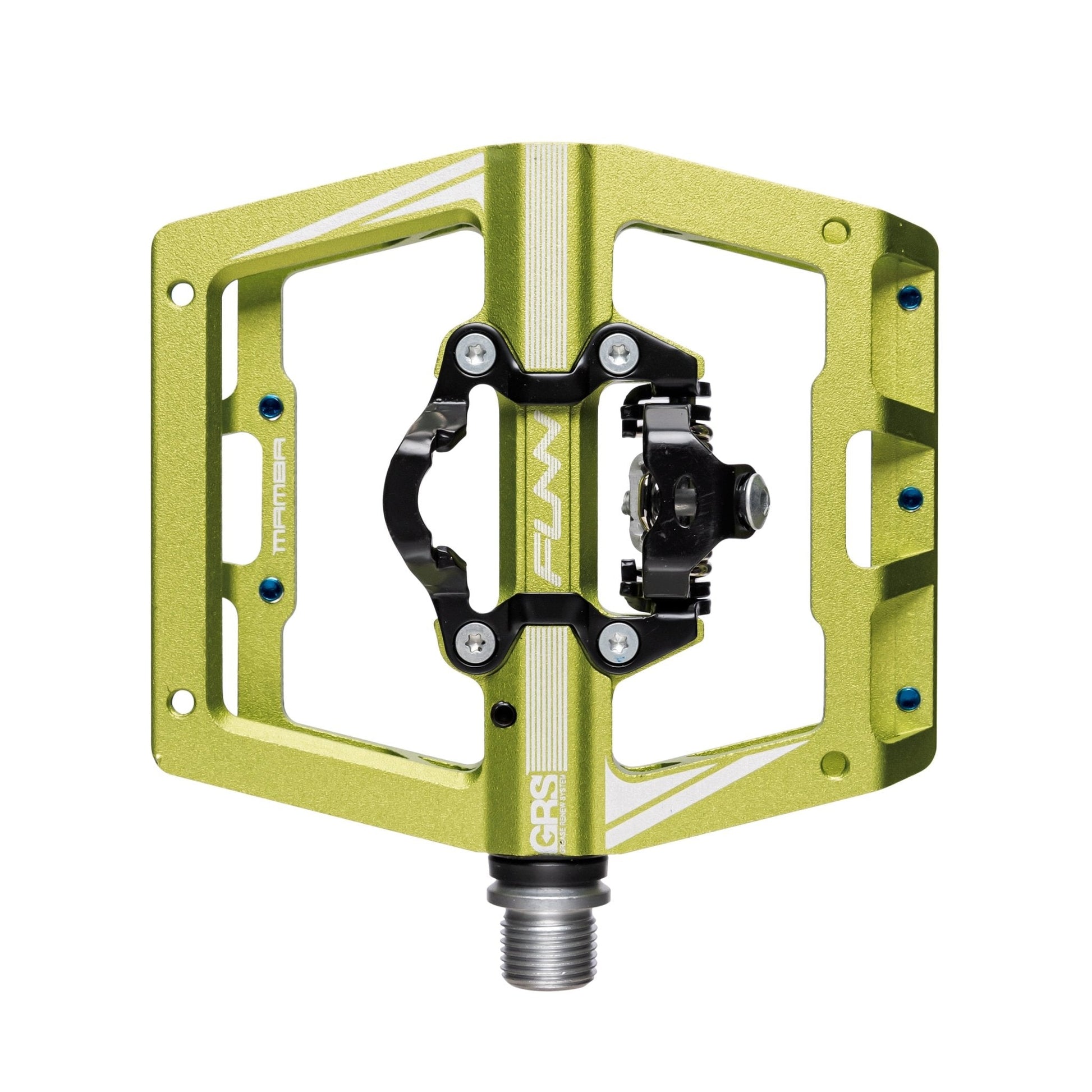 Funn mountain bike components - Mamba Clipless Pedals Green Single side in a white background.