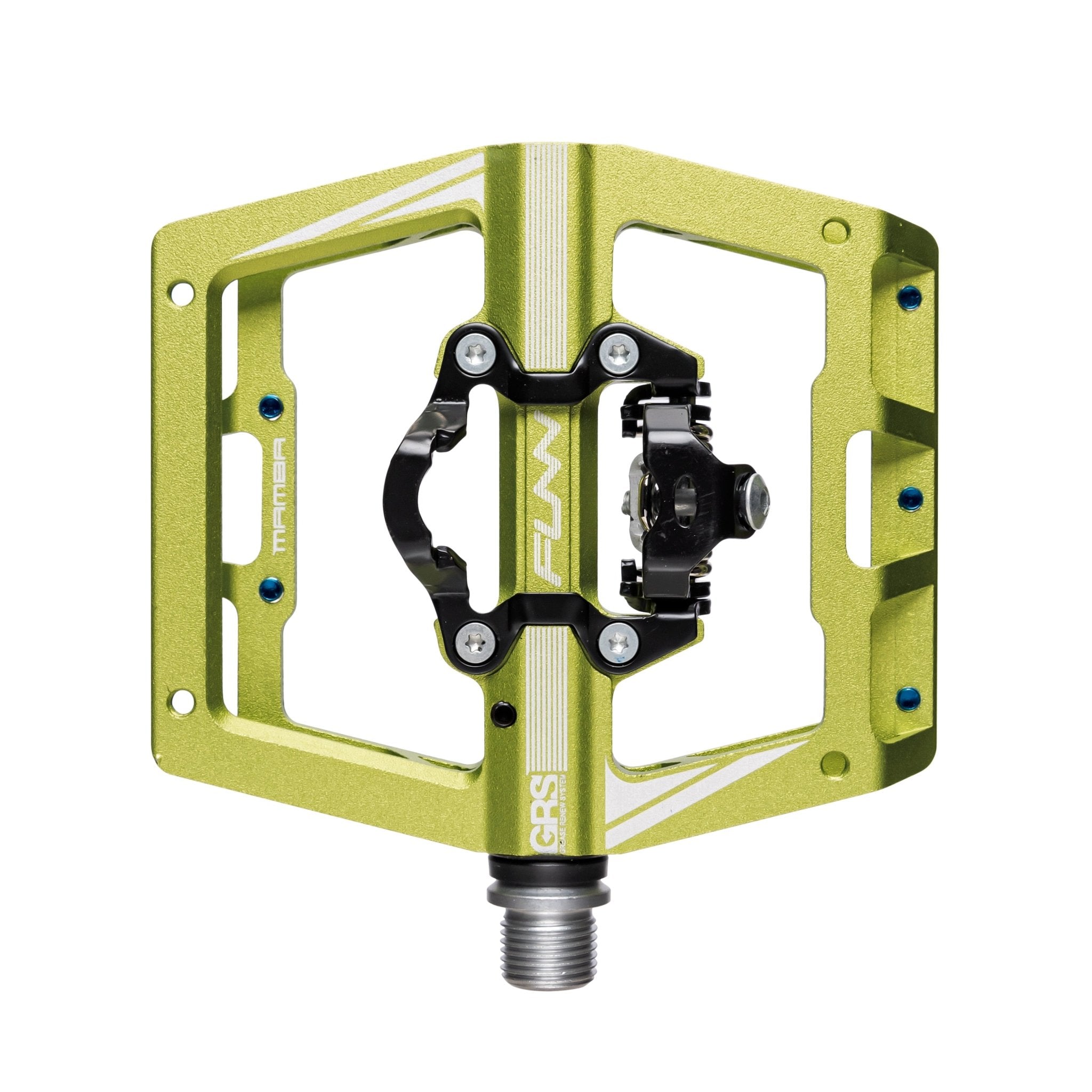 FUNN Mamba Clip-In Pedals, green alloy platform with black clip single side for MTB riders, durable flat and clip combo
