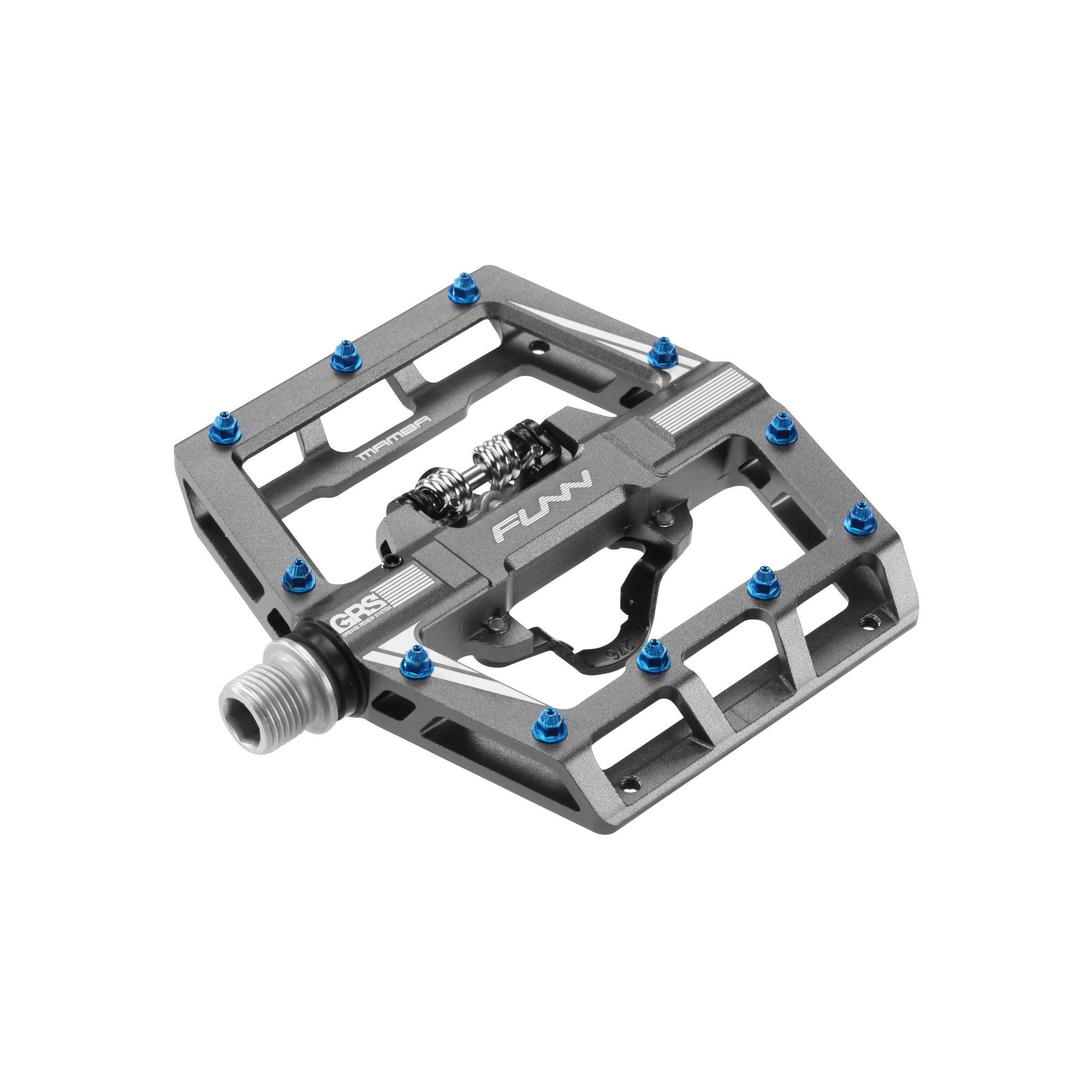 FUNN Mamba Clip-In Pedals, gray alloy flat platform with blue pins and clip single side mechanism for MTB riding