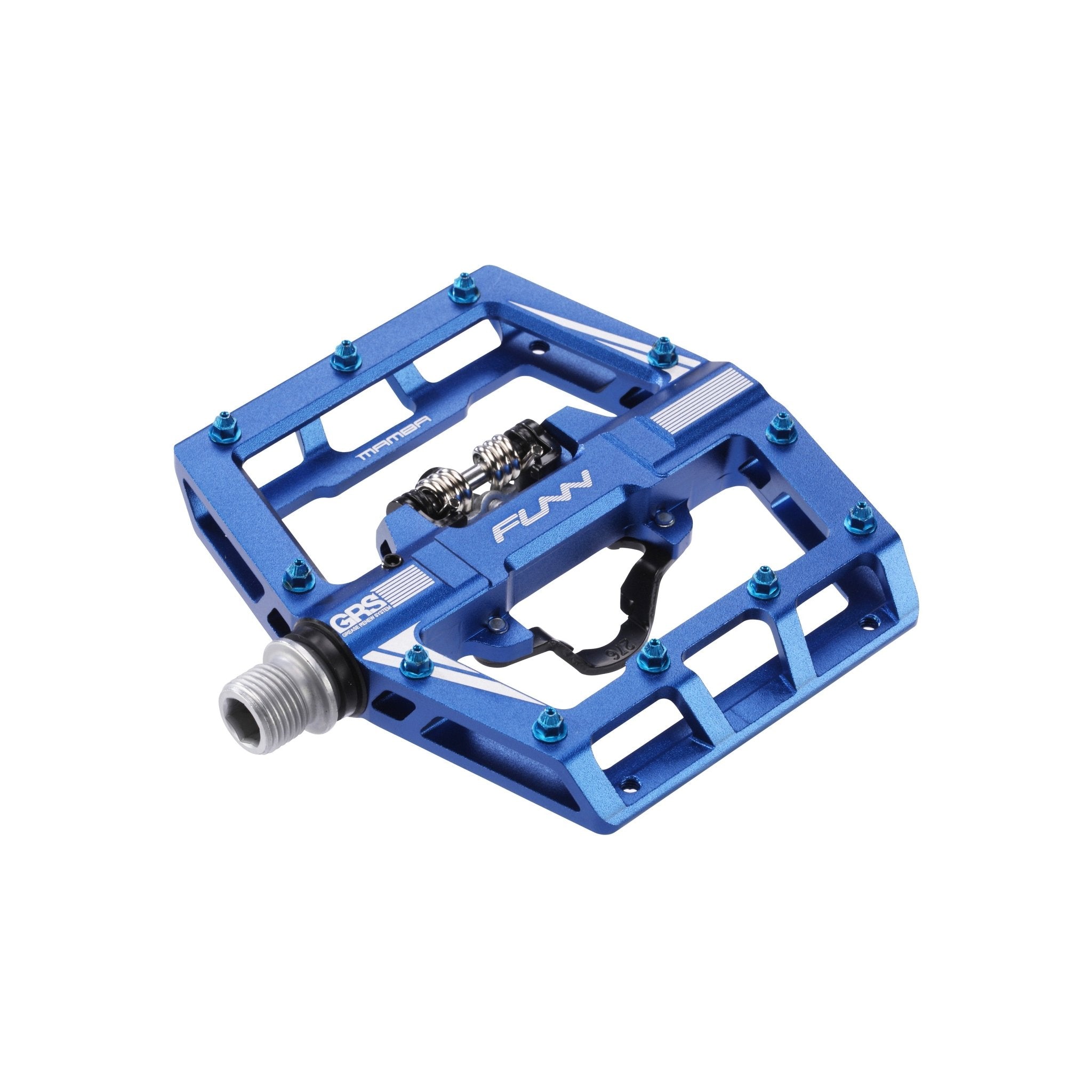 Blue FUNN Mamba Clip-In Pedals, clip single side alloy platform with pins and SPD-style mechanism for mountain bikes