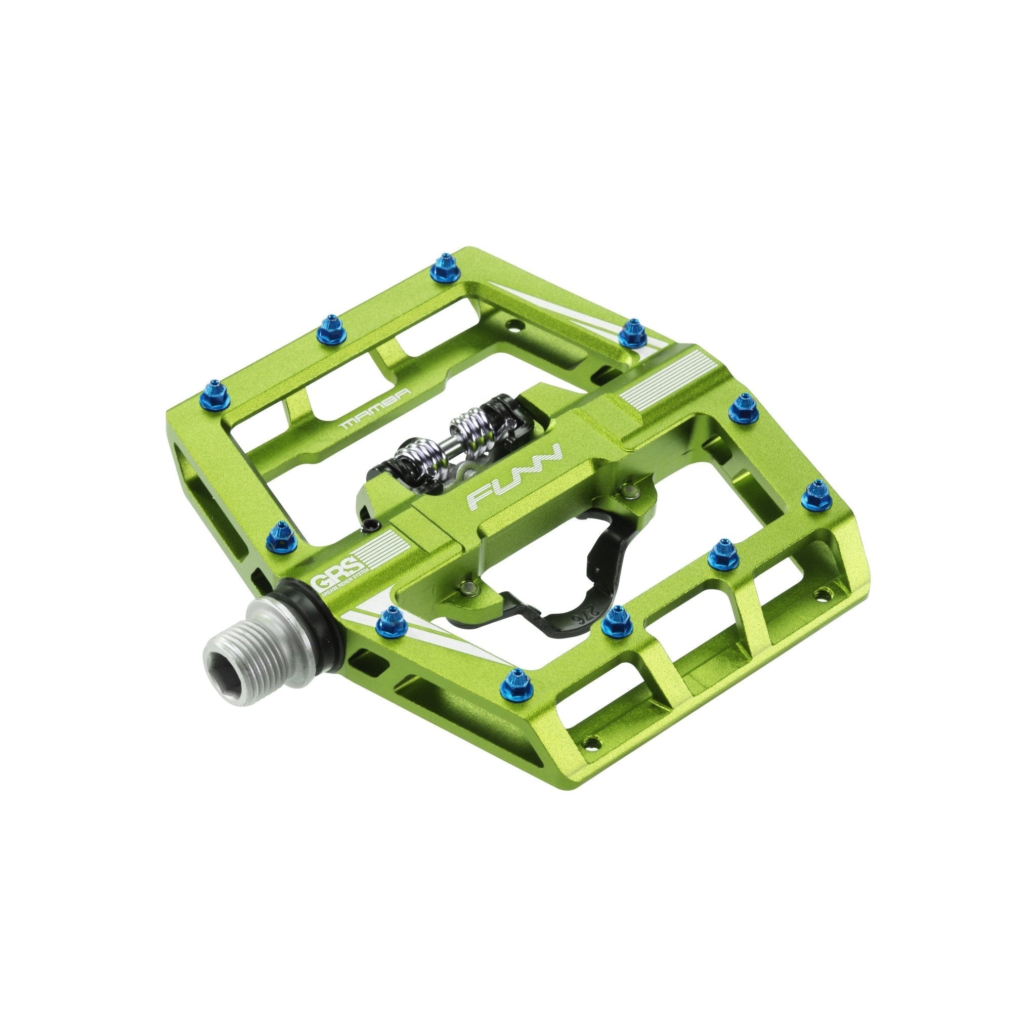 Green FUNN Mamba Clip-In Pedals, clip single side alloy platform with blue pins and SPD-style mechanism for MTB bikes