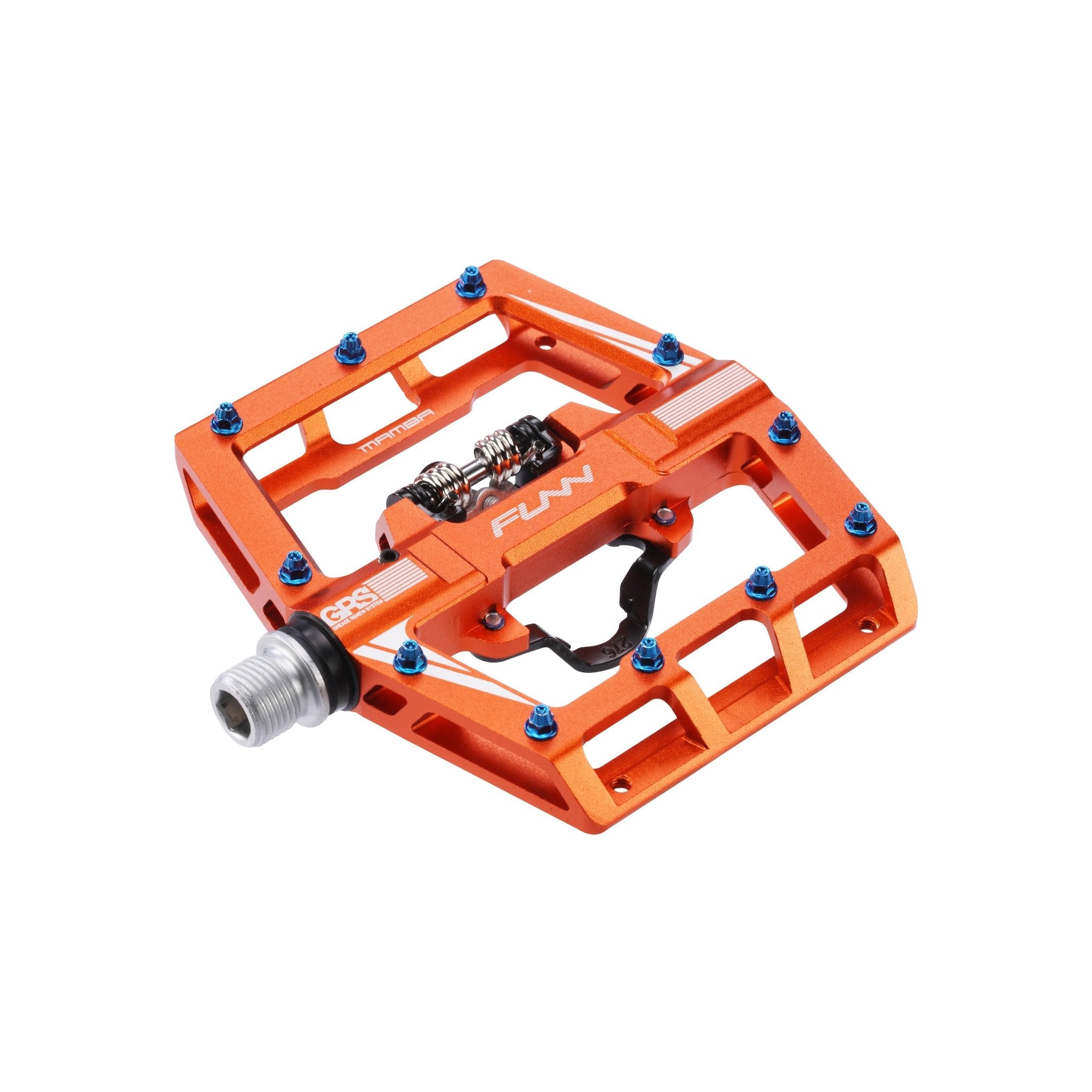 FUNN Mamba Clip-In Pedals, orange alloy flat platform with blue pins and clip single side mechanism for mountain biking