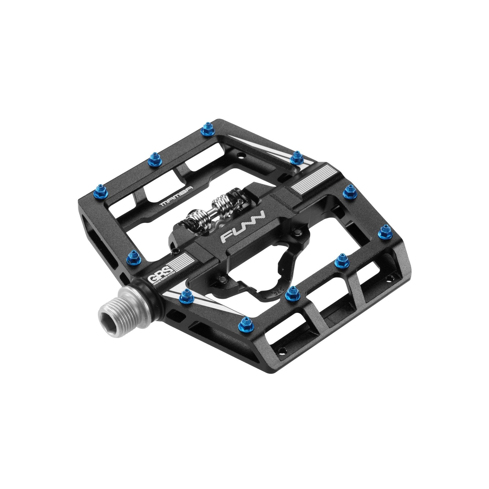 Black FUNN Mamba Clip-In Pedals with clip single side, alloy platform, blue traction pins and SPD-style mechanism