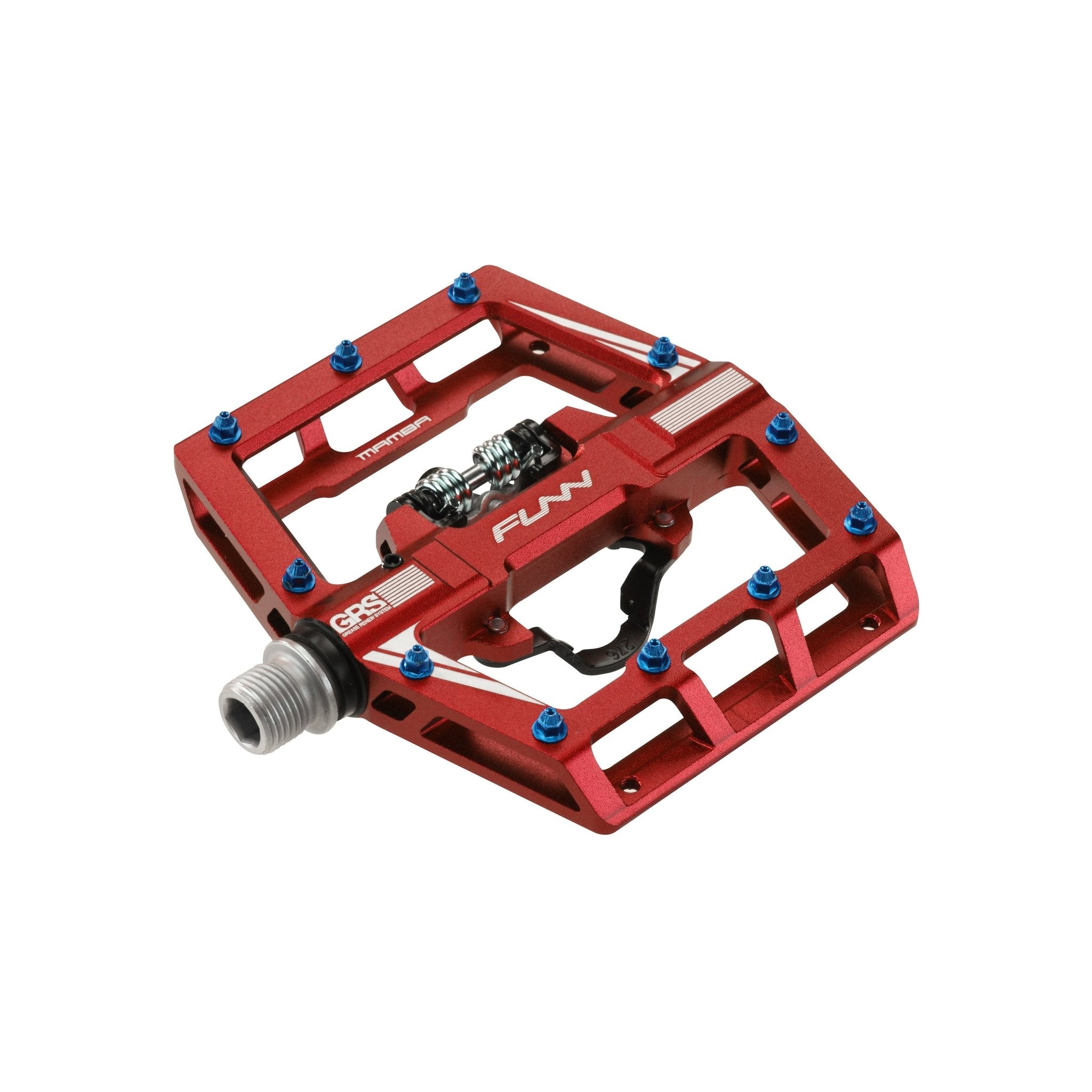 Red FUNN Mamba Clip-In Pedals, clip single side alloy platform with blue pins and SPD-style mechanism for MTB bikes