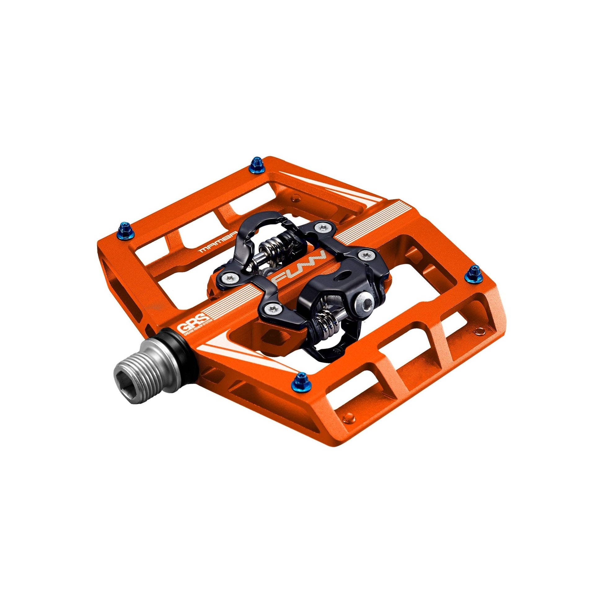 Funn mountain bike components - Mamba Clipless Pedals Orange Double side in a white background.