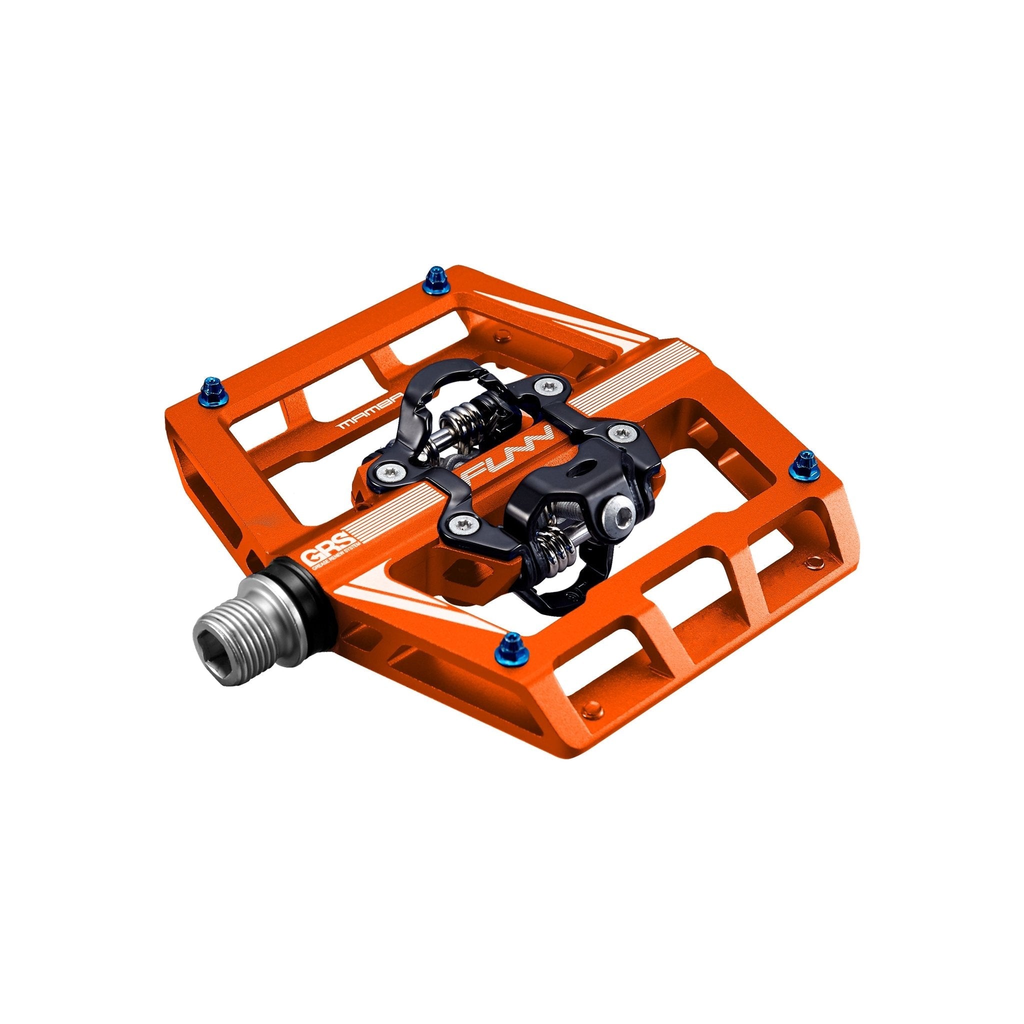 Orange FUNN Mamba Clip-In Pedals with wide alloy platform and SPD-style mechanism for secure mountain bike clipless riding
