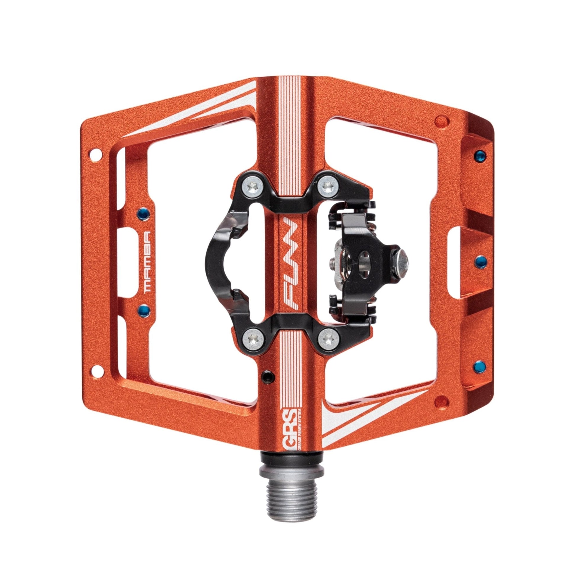 Funn mountain bike components - Mamba Clipless Pedals Orange Single side in a white background.