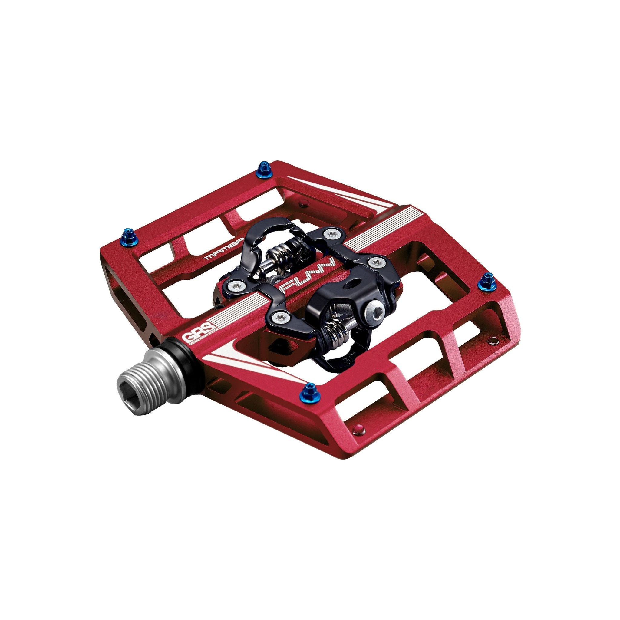 Red FUNN Mamba Clip-In Pedals with wide alloy platform, SPD-style clip, and blue pins for secure mountain bike grip