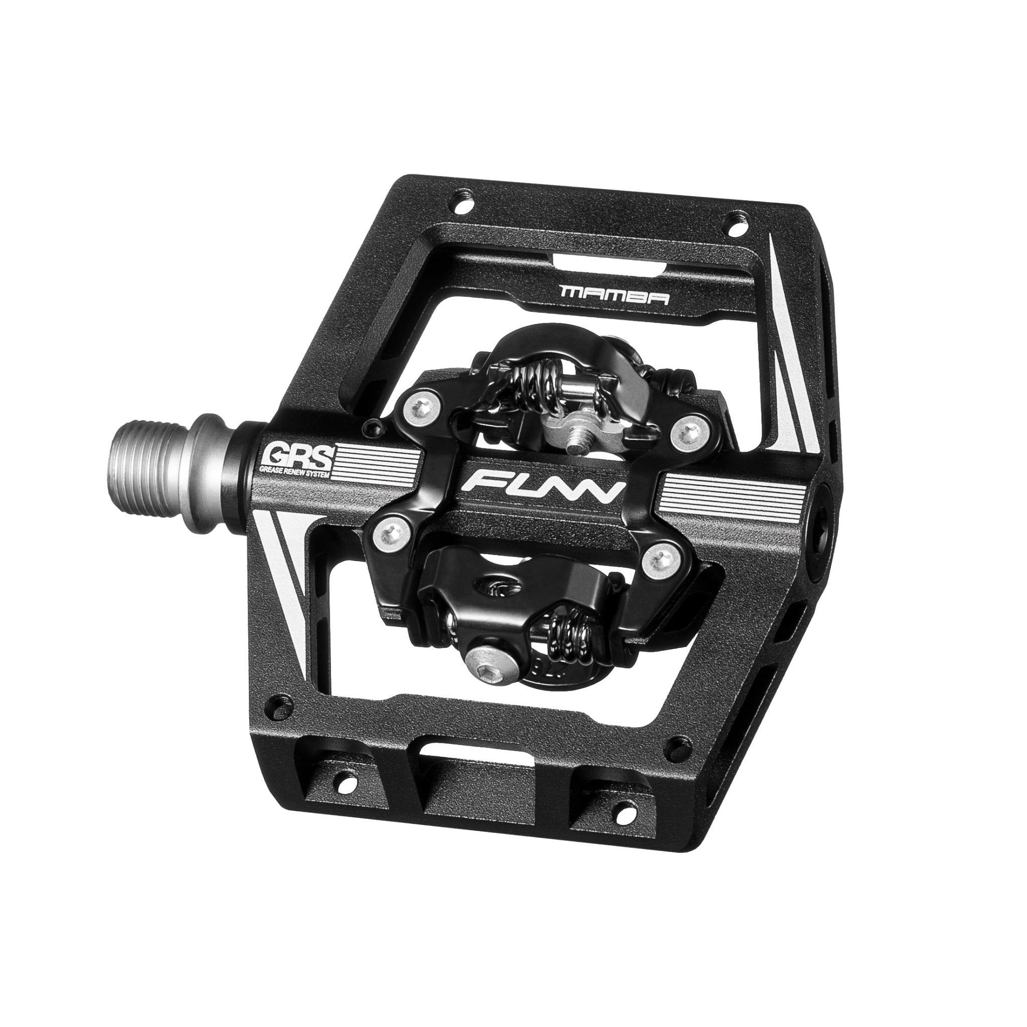 Black FUNN Mamba S Clip-In Pedals with GRS system, alloy platform design and dual-sided clipless mechanism for MTB riding