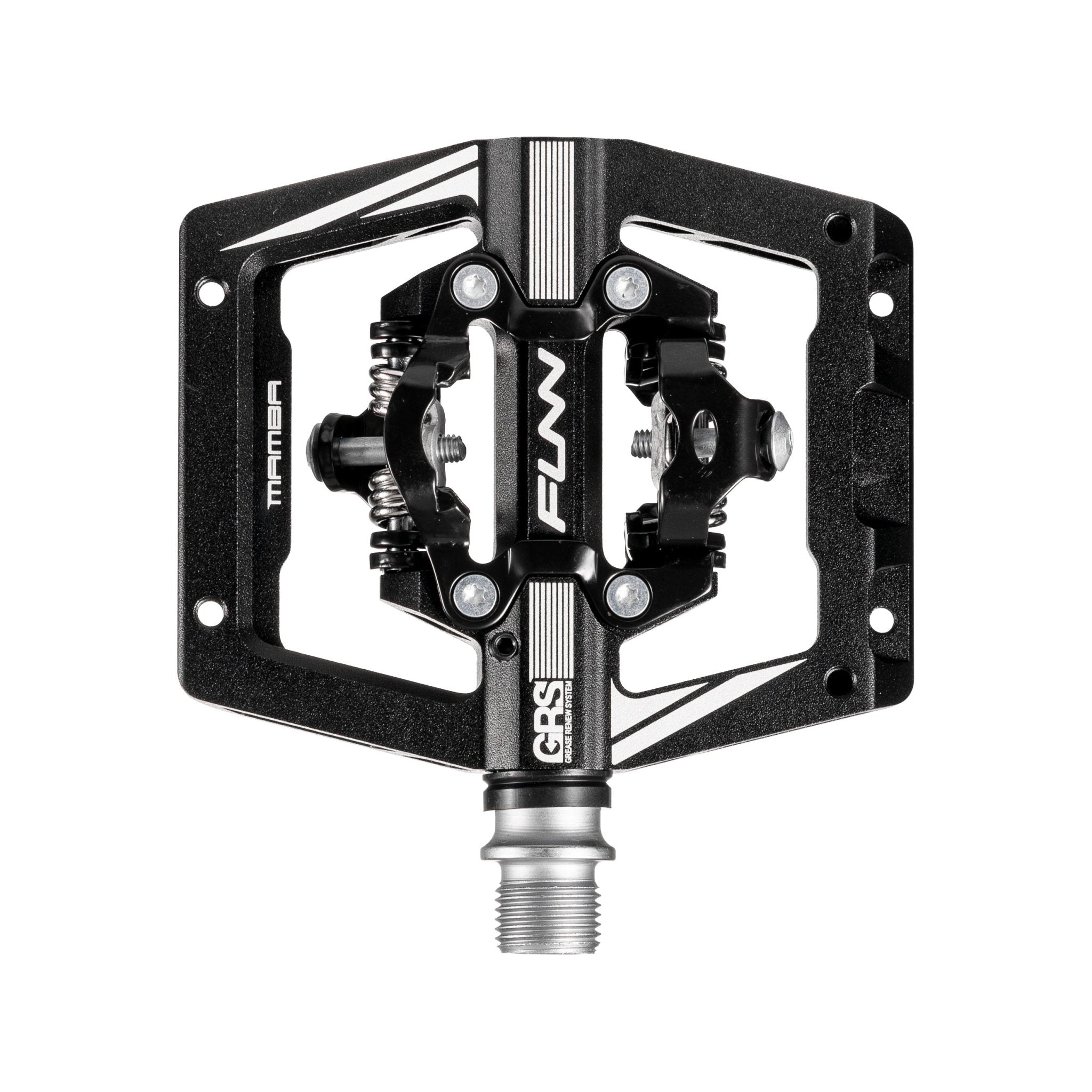 Black FUNN Mamba S Clip-In Pedals with smaller platform and GRS system, alloy body, dual-sided clip for MTB riding