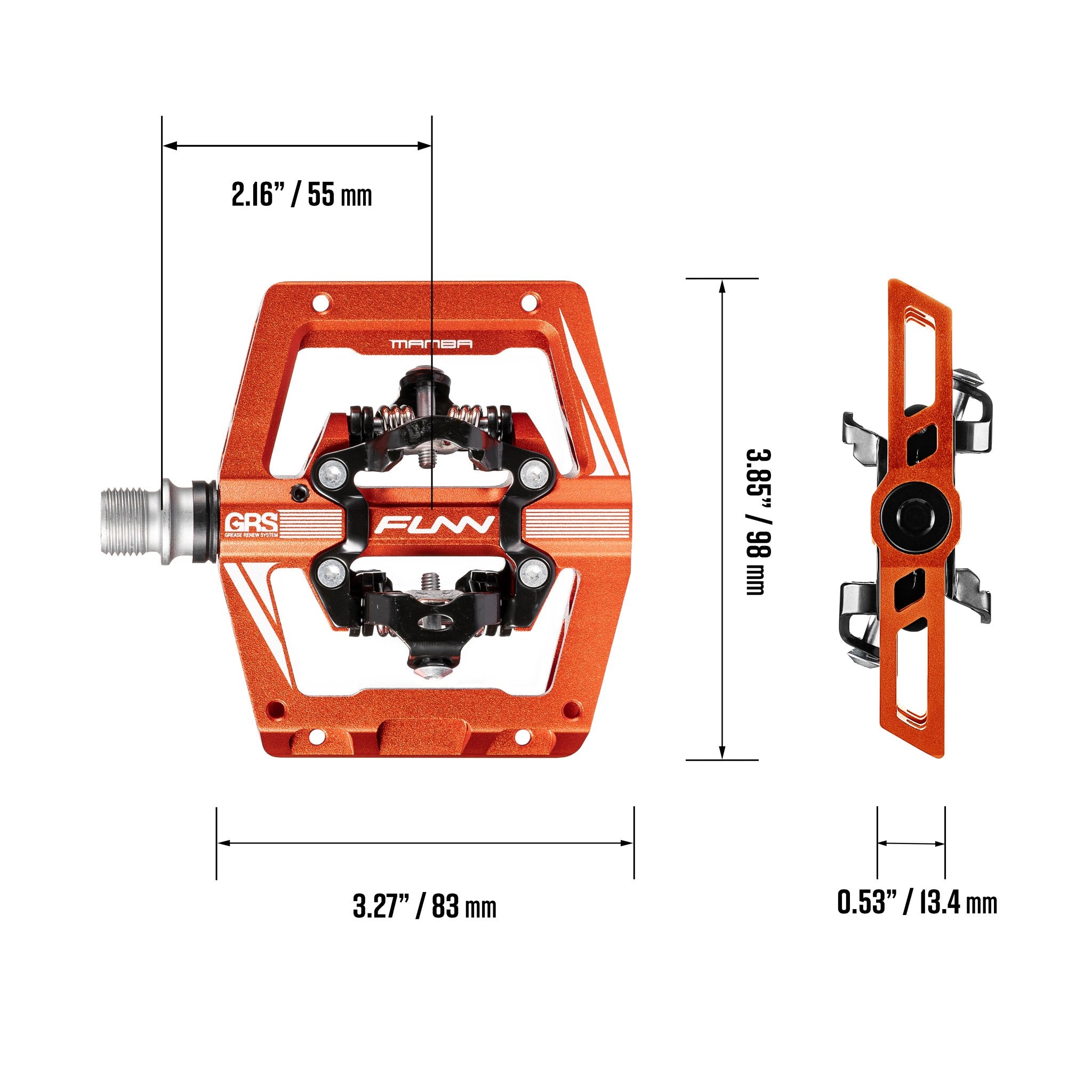Orange FUNN Mamba S Clip-In Pedals with GRS system, alloy body and smaller platform, shown with precise width and height measurements