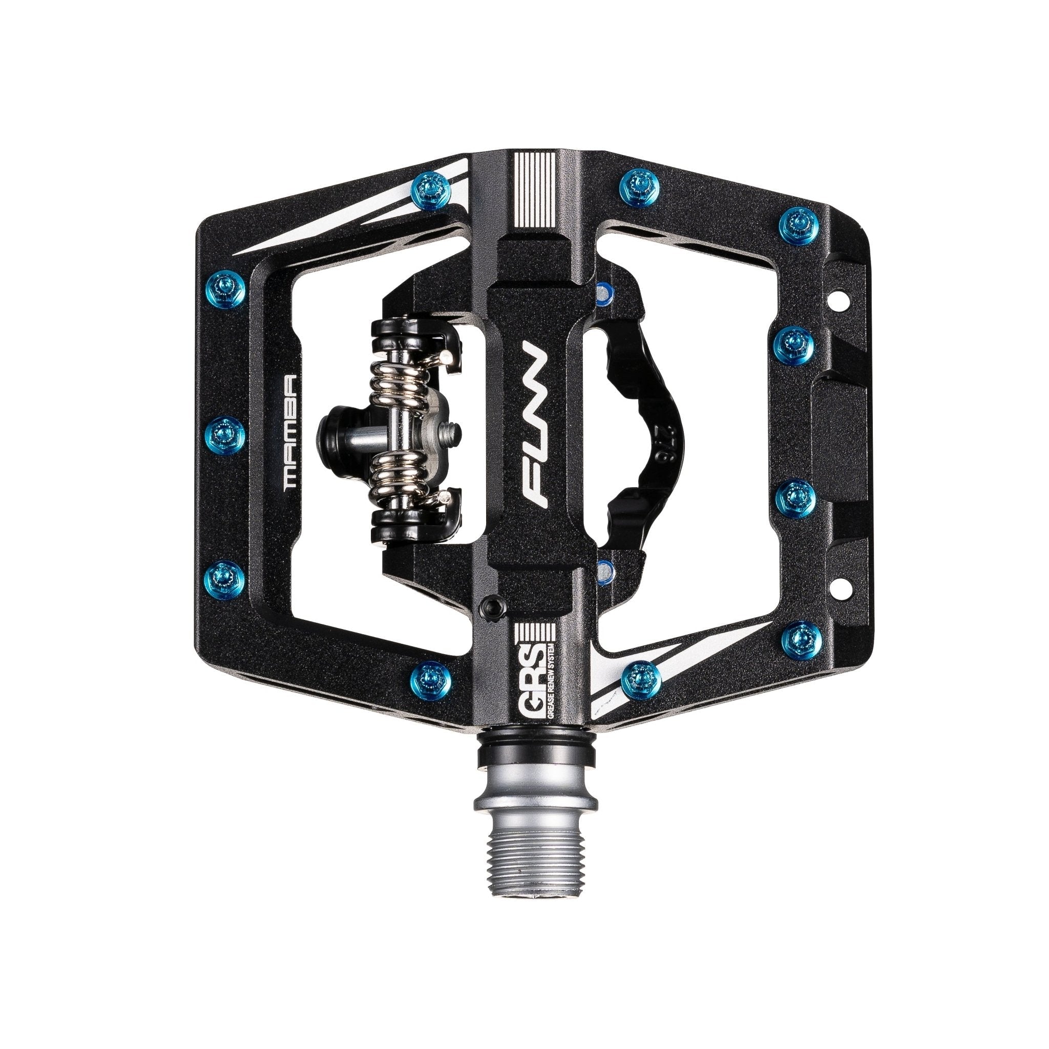 Black aluminum FUNN Mamba S Clip-In Pedals with blue pins and GRS system, wide platform mountain bike clipless pedal.