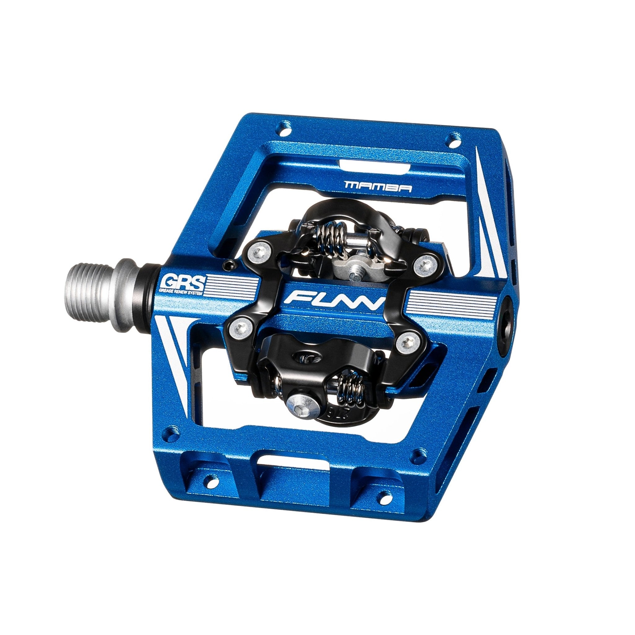 Blue FUNN Mamba S Clip-In Pedals with GRS system, alloy platform body and dual-sided clipless mechanism for MTB bikes