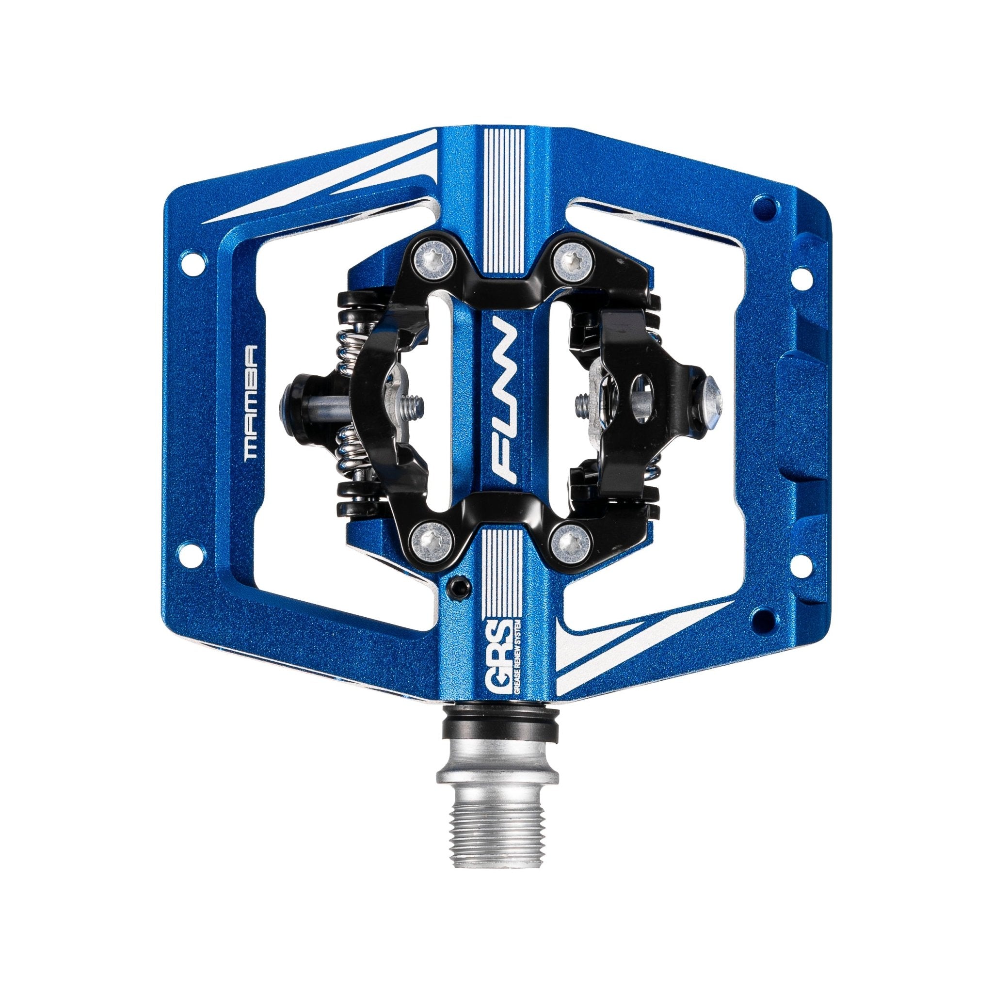 Blue FUNN Mamba S Clip-In Pedals with GRS system, wide alloy platform and dual-sided clipless mechanism for MTB riding