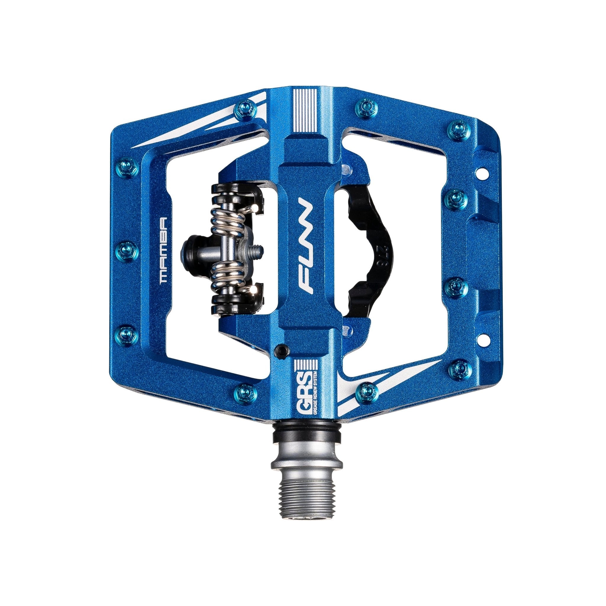 Blue FUNN Mamba S Clip-In Pedals, alloy flat platform with Clip single side and GRS system for mountain bike control