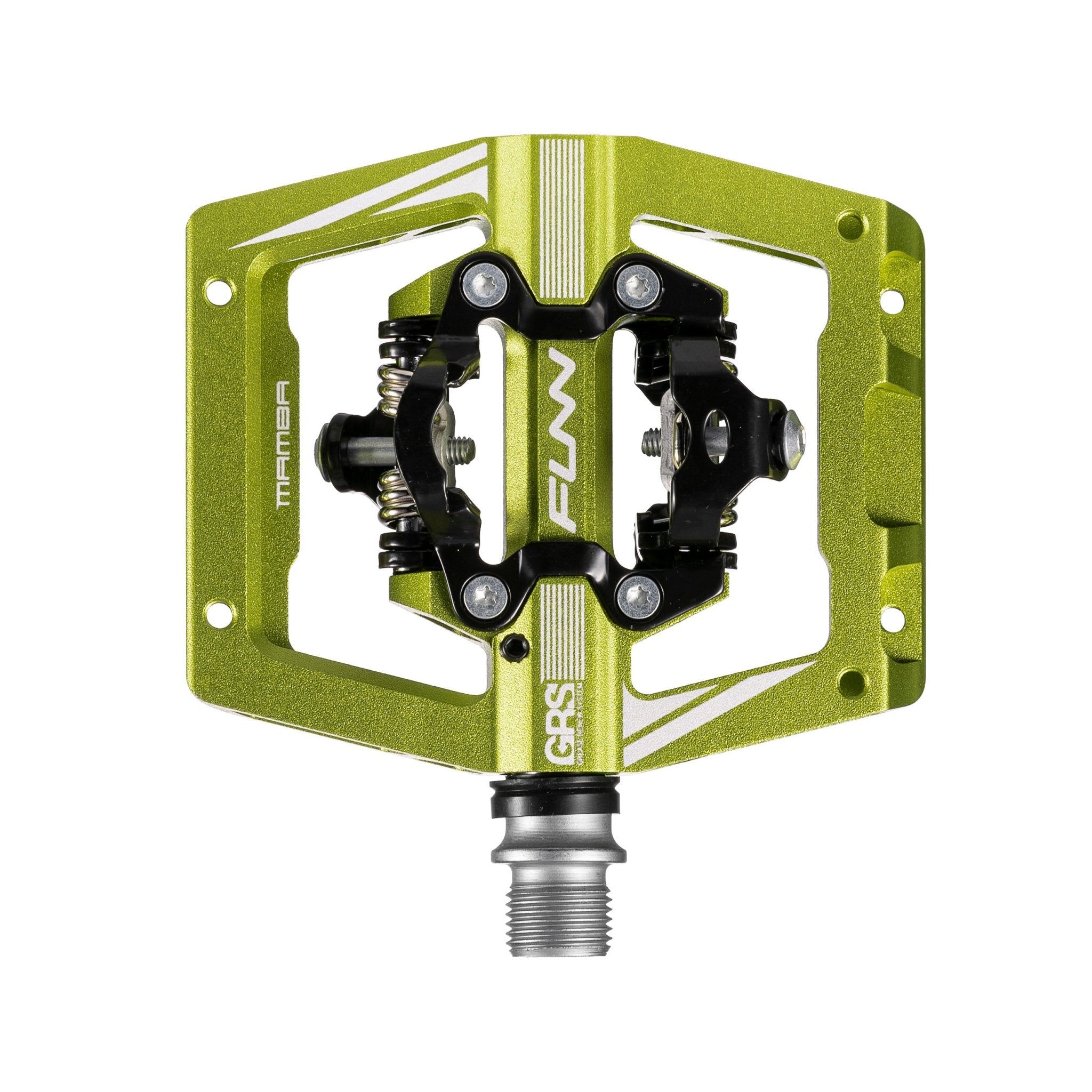 FUNN Mamba S Clip-In Pedals in green alloy, wide platform with GRS system for secure mountain bike shoe engagement