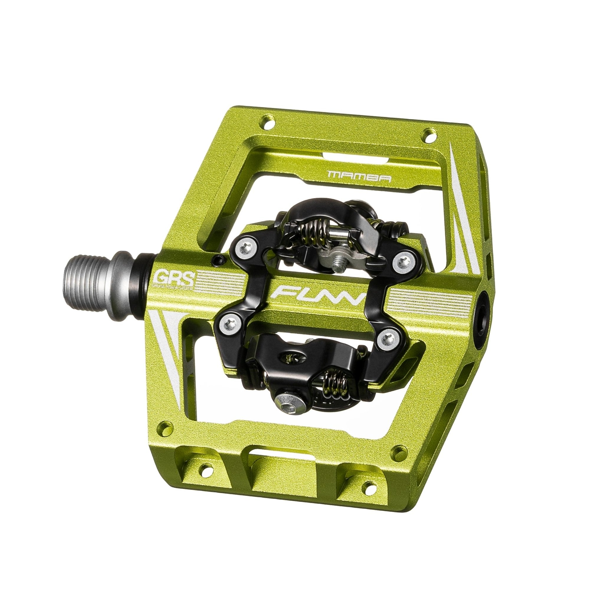 FUNN Mamba S Clip-In Pedals in green alloy with dual-sided GRS system, wide platform and SPD-style spring mechanism