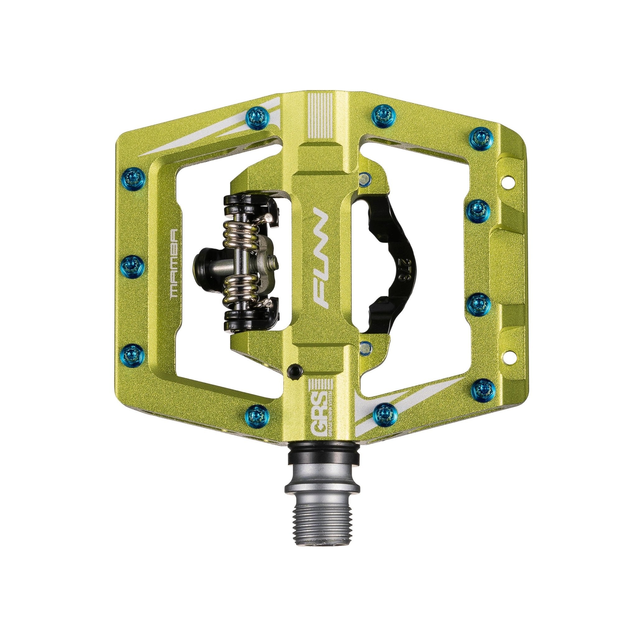 FUNN Mamba S Clip-In Pedals, green alloy flat body with Clip single side, GRS system and blue traction pins