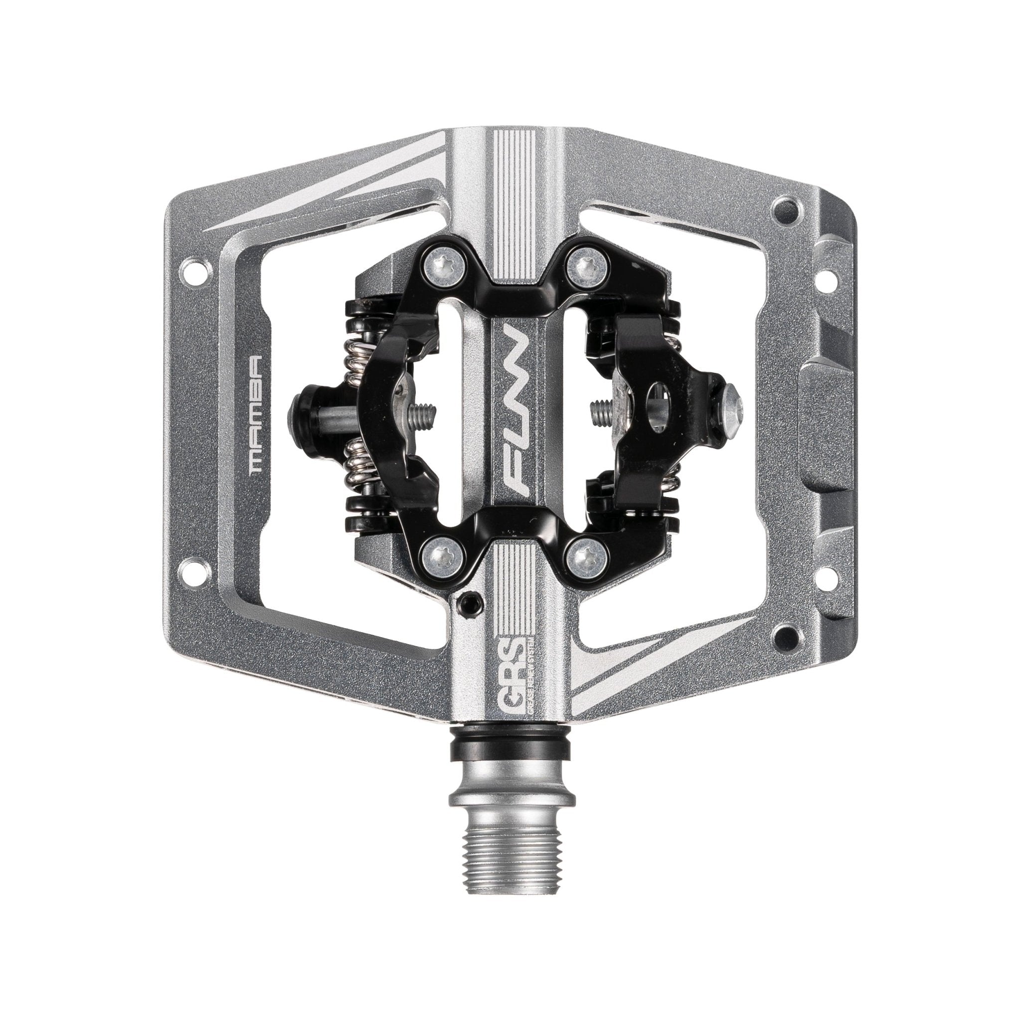 FUNN Mamba S Clip-In Pedals in silver alloy with wide platform and black GRS system clip for secure mountain bike riding