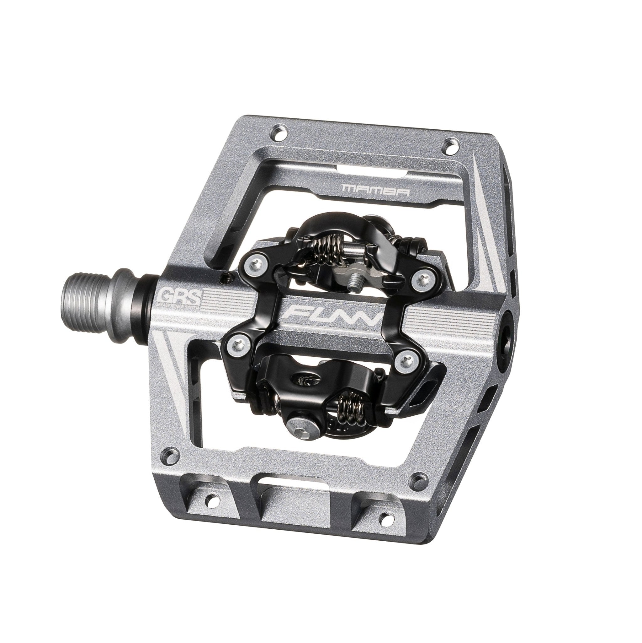 FUNN Mamba S Clip-In Pedals in silver alloy with black GRS system, wide platform MTB clipless pedal for secure power transfer