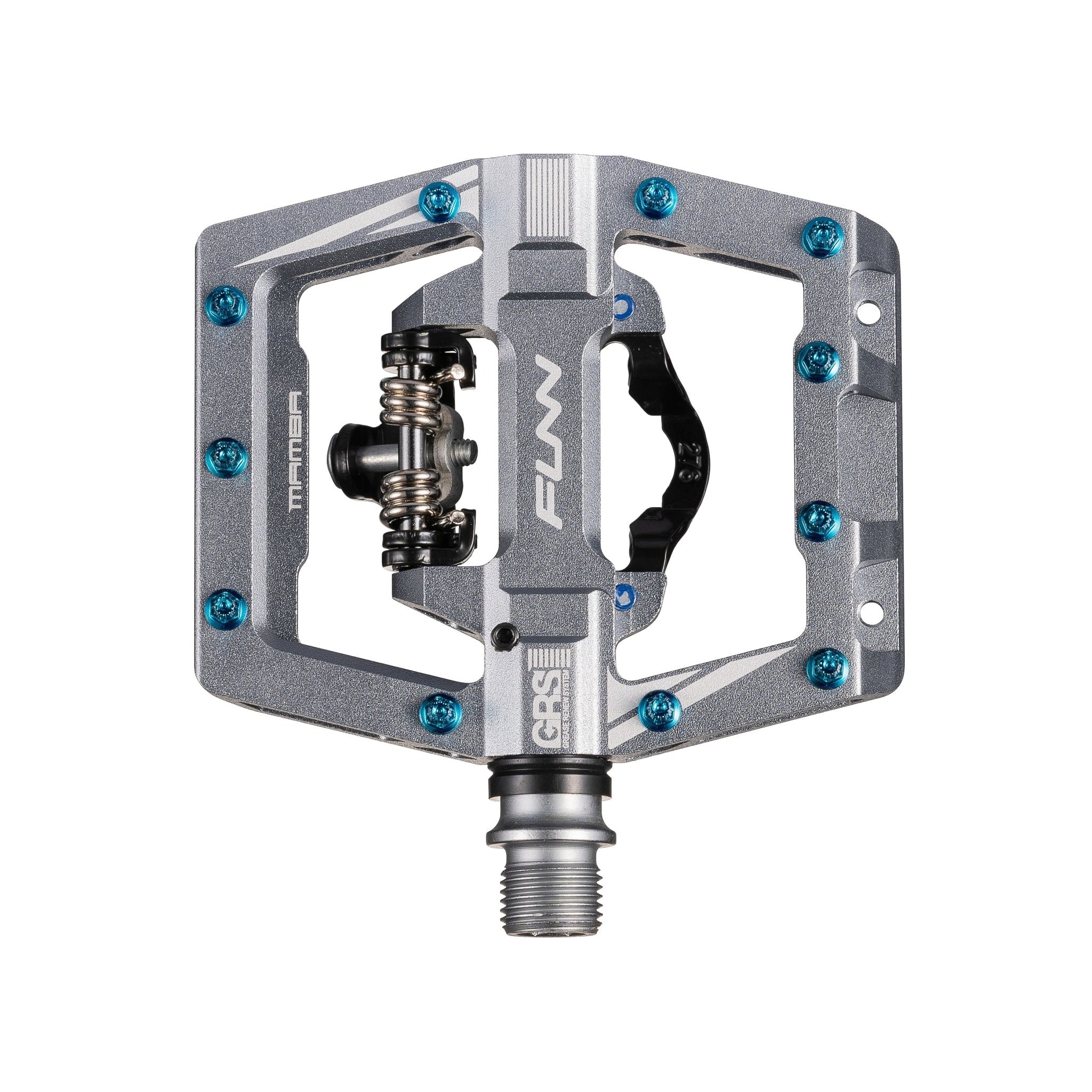 FUNN Mamba S Clip-In Pedals, silver alloy flat body with Clip Single side and GRS system, blue traction pins