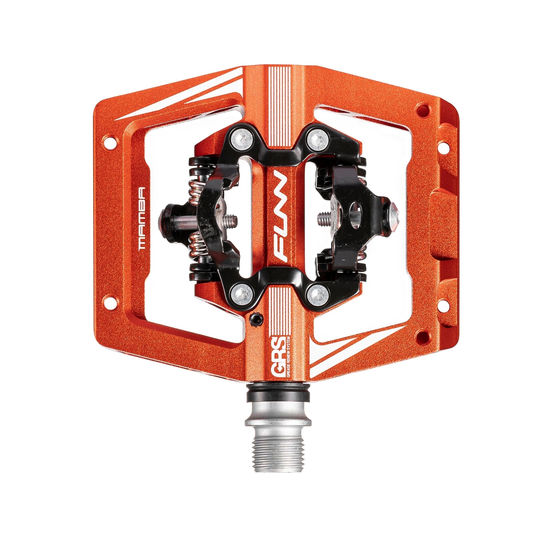 Orange FUNN Mamba S Clip-In Pedals with GRS system, alloy platform body and black clip mechanism for secure MTB riding