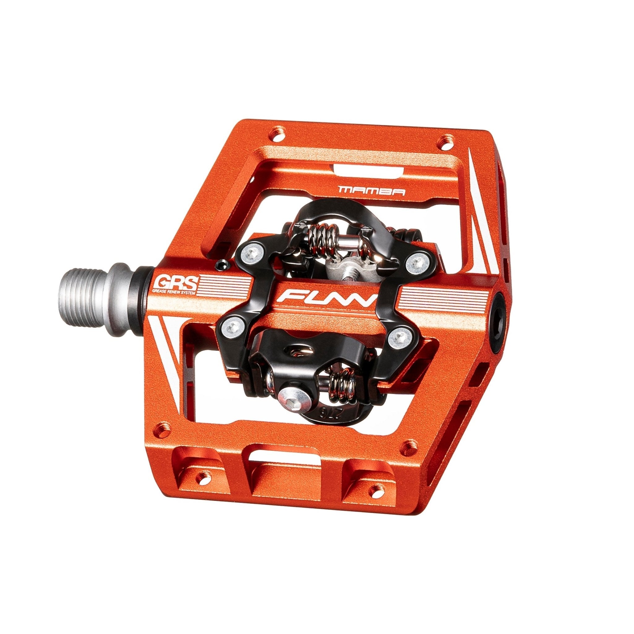 Orange aluminum FUNN Mamba S Clip-In Pedals with GRS system, platform body and black clip mechanism for secure cycling.