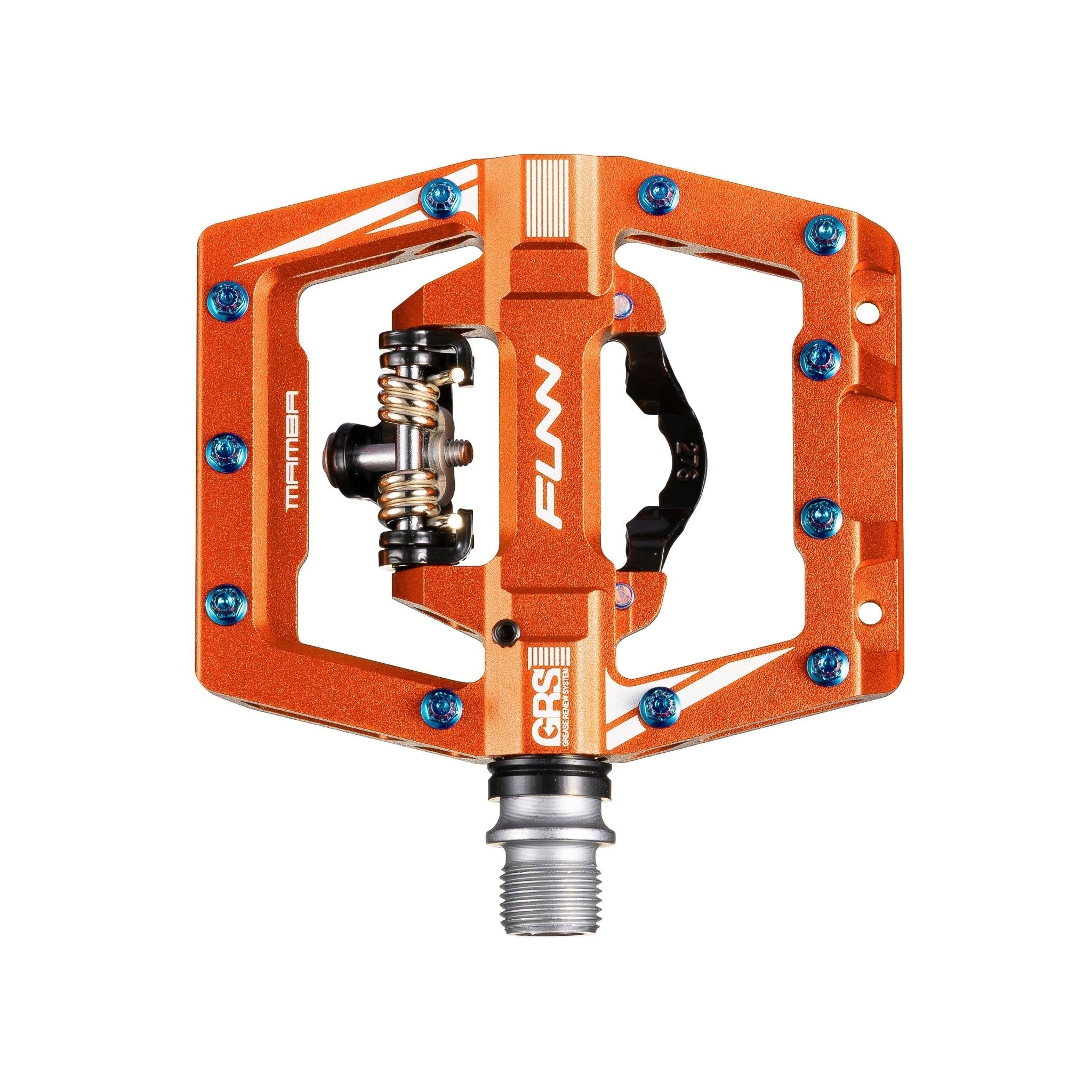 FUNN Mamba S Clip-In Pedals, orange alloy clip single side platform with GRS system and blue traction pins