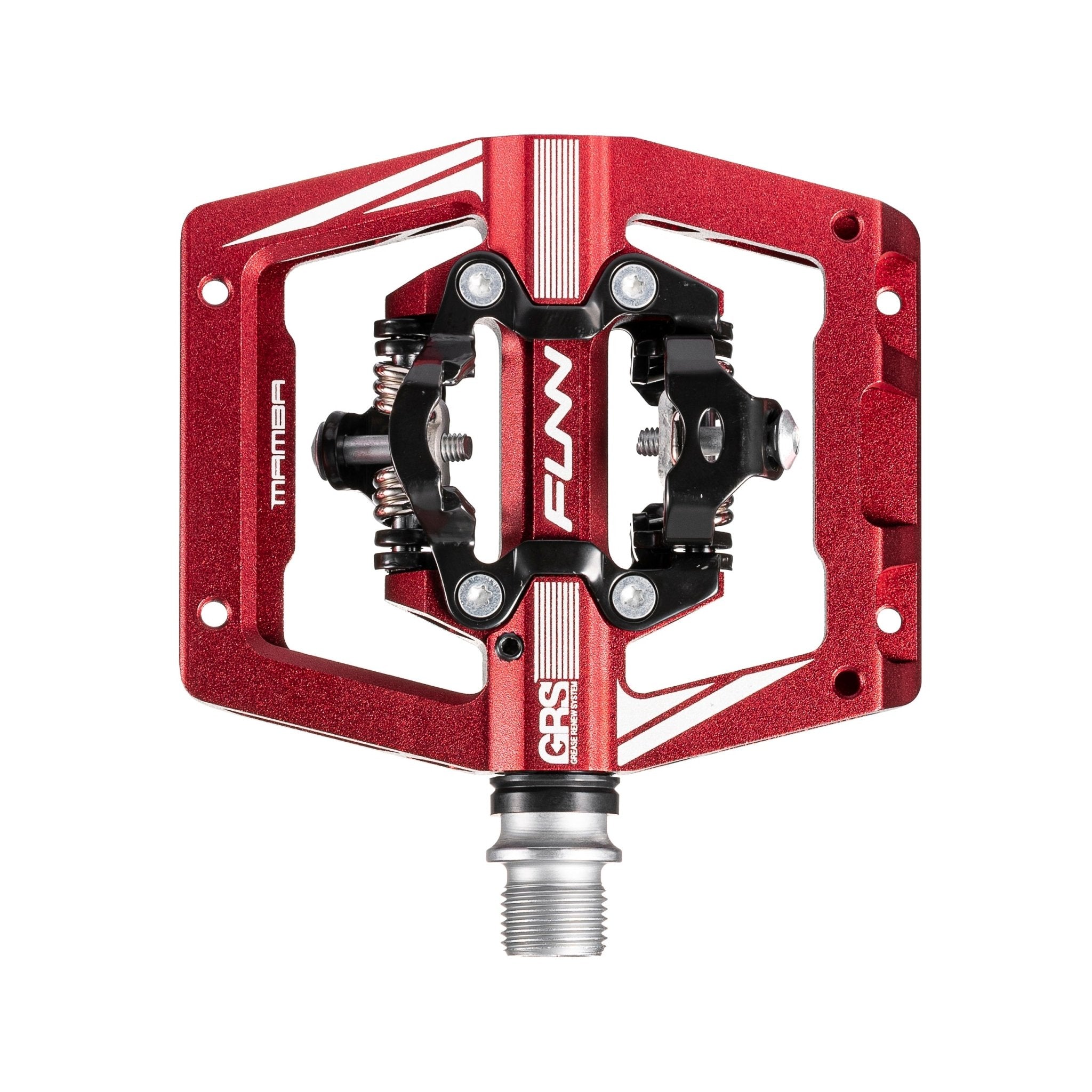 Red FUNN Mamba S Clip-In Pedals with GRS system, alloy platform body and black SPD-style clip for MTB performance
