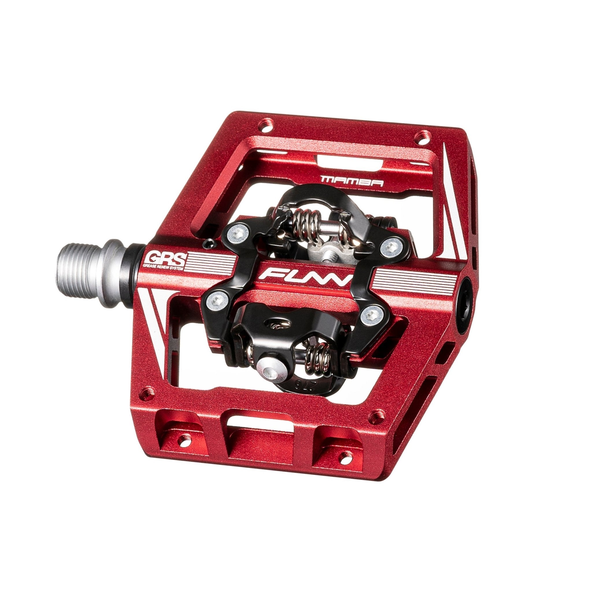Red FUNN Mamba S Clip-In Pedals with GRS system, CNC alloy platform and dual-sided clipless mechanism for MTB performance