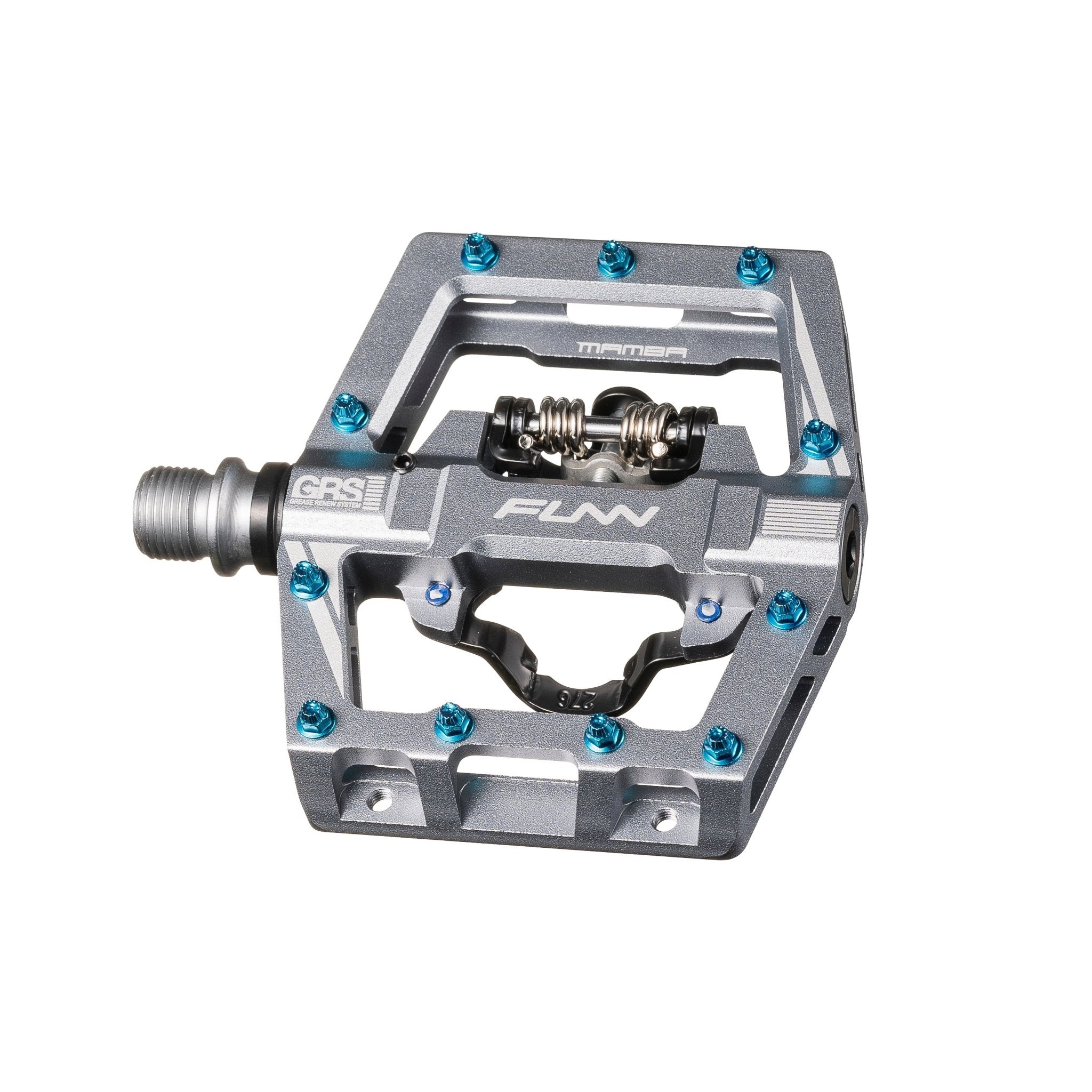 FUNN Mamba S Clip-In Pedals, gray alloy clip single side platform with blue pins and GRS system for secure MTB riding