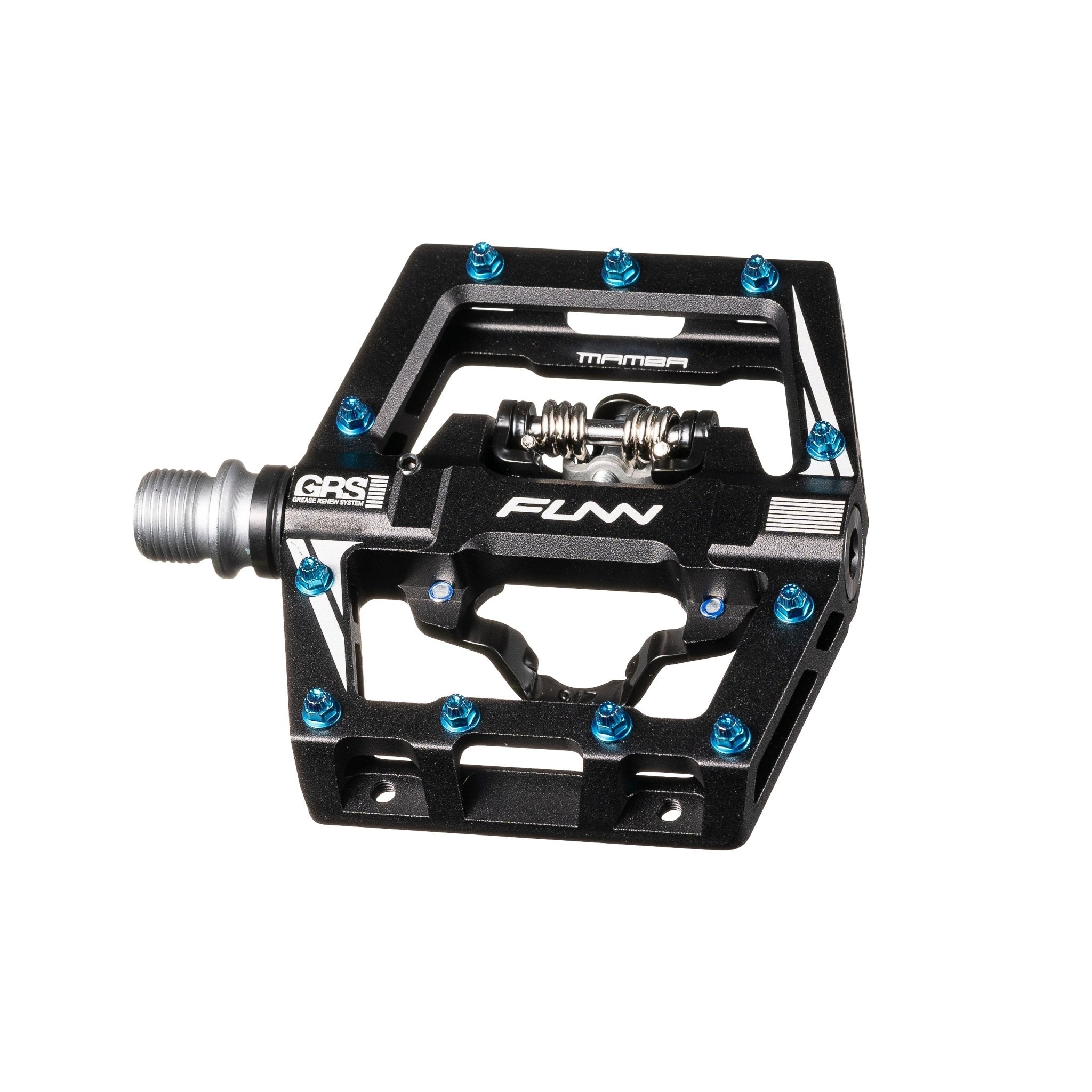Black FUNN Mamba S Clip Single side pedal with blue pins and GRS system, alloy platform clip-in MTB bike pedal