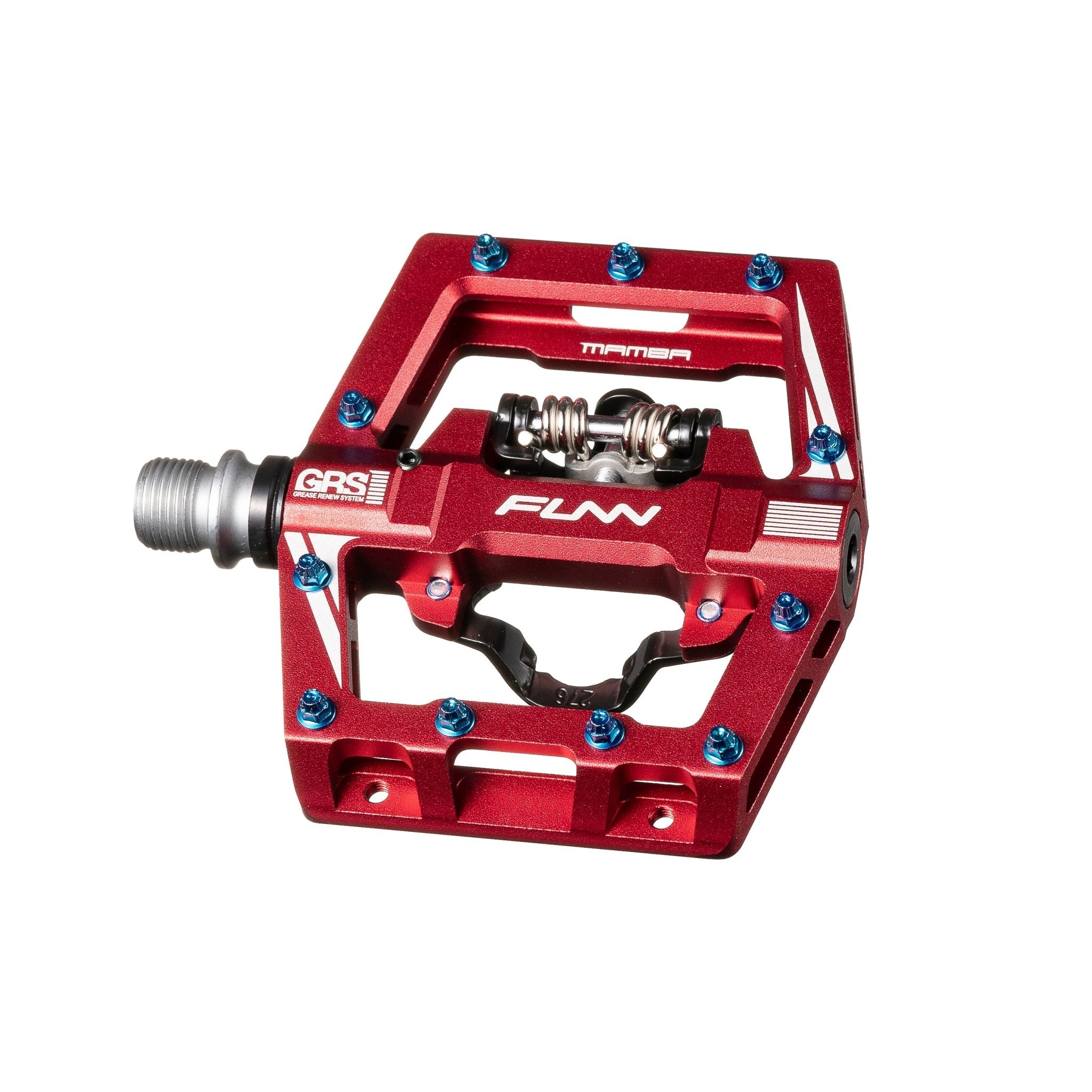 Red FUNN Mamba S Clip-In Pedals, alloy flat body with clip single side and GRS system, blue pins for secure MTB grip