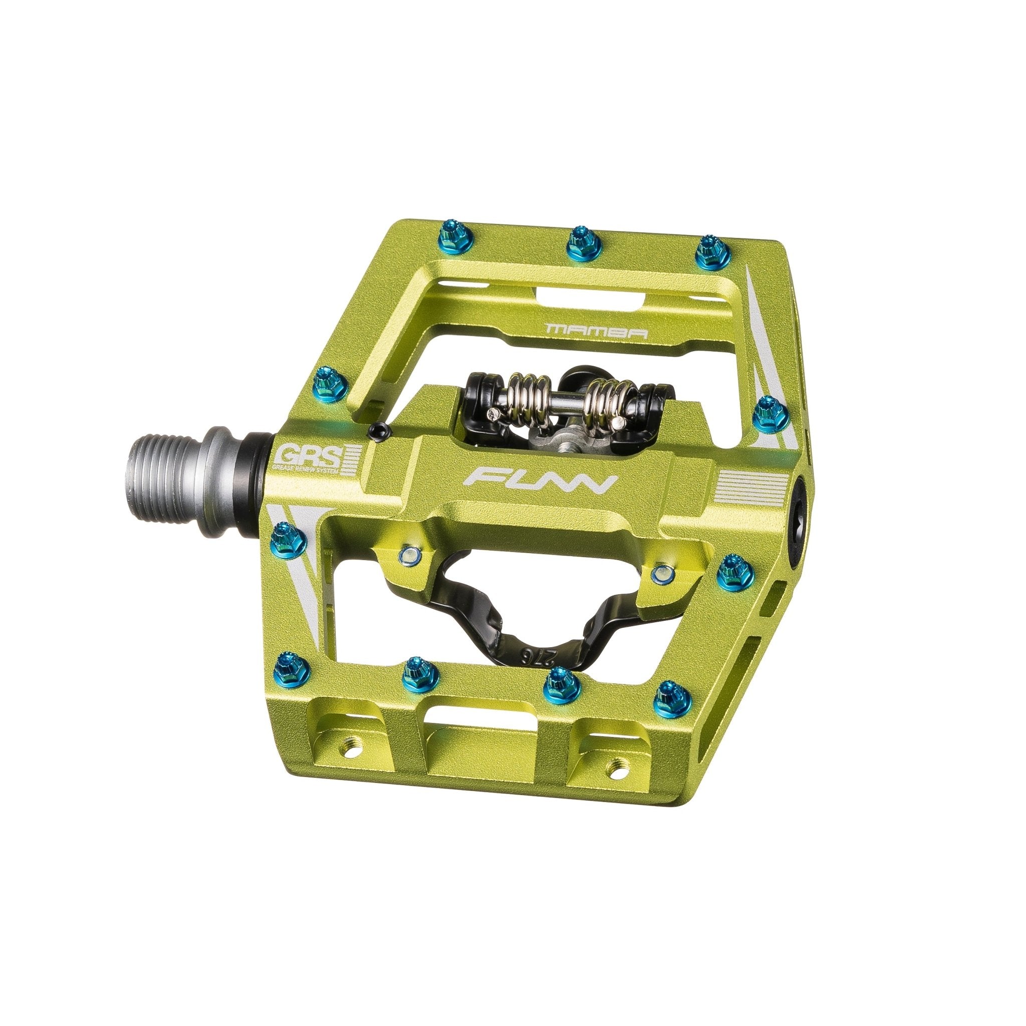 FUNN Mamba S Clip-In Pedals, green alloy flat with clip single side and blue pins, featuring GRS system for MTB control