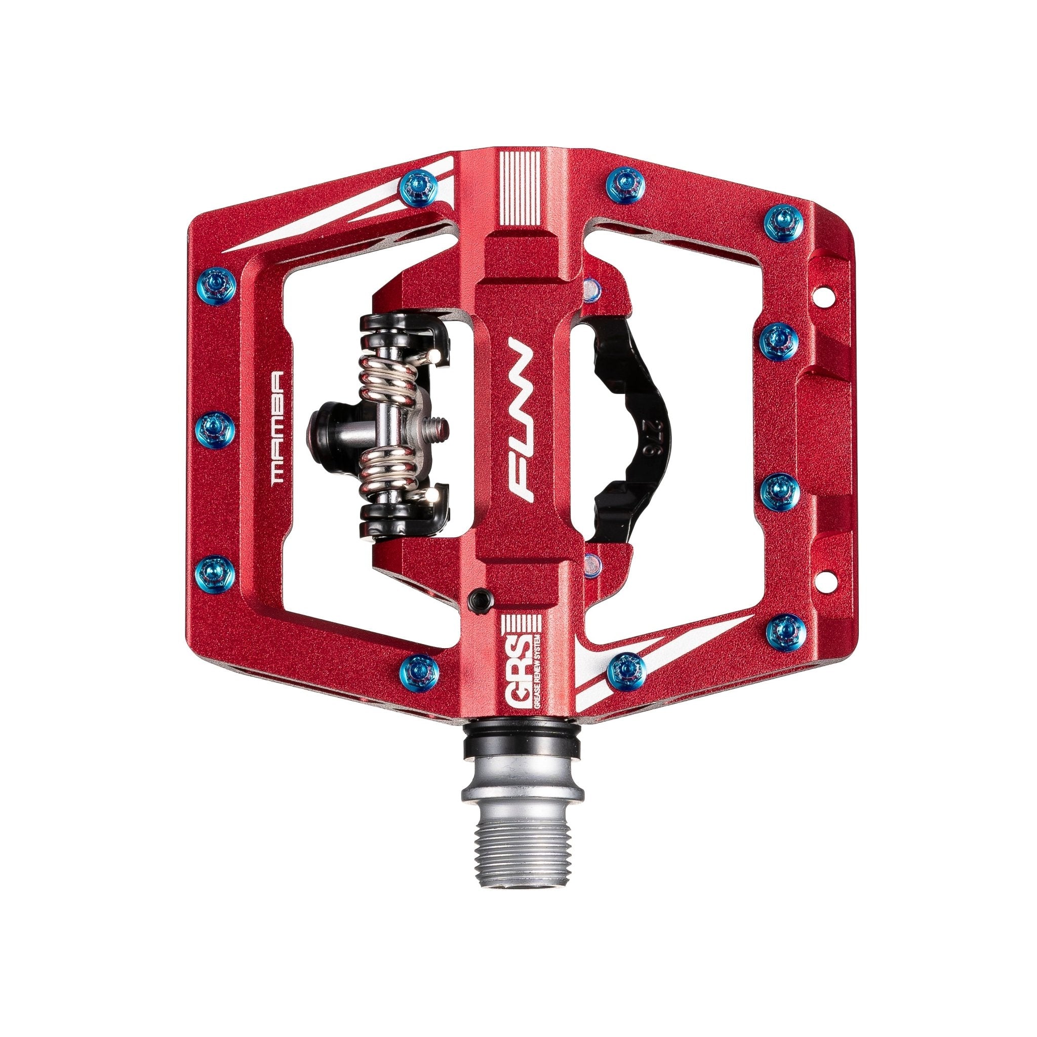Red FUNN Mamba S Clip-In Pedals with single side clip, flat platform, GRS system and alloy body for mountain biking