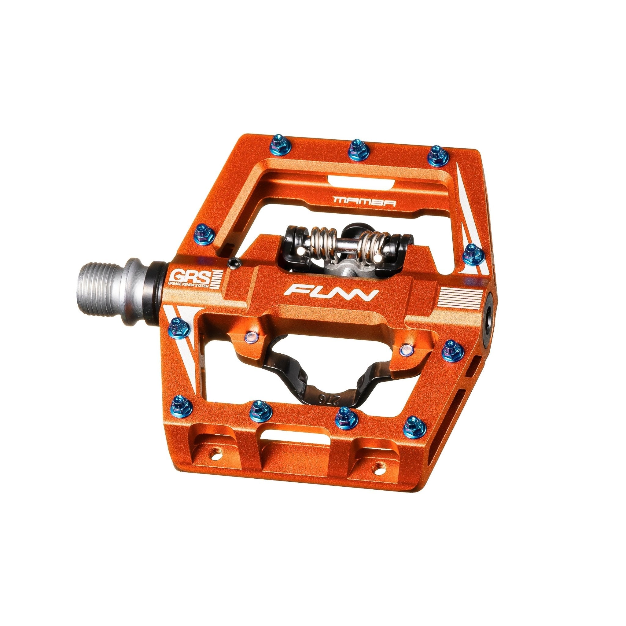 Orange FUNN Mamba S Clip-In Pedals, single side clip with GRS system, alloy platform body and blue traction pins