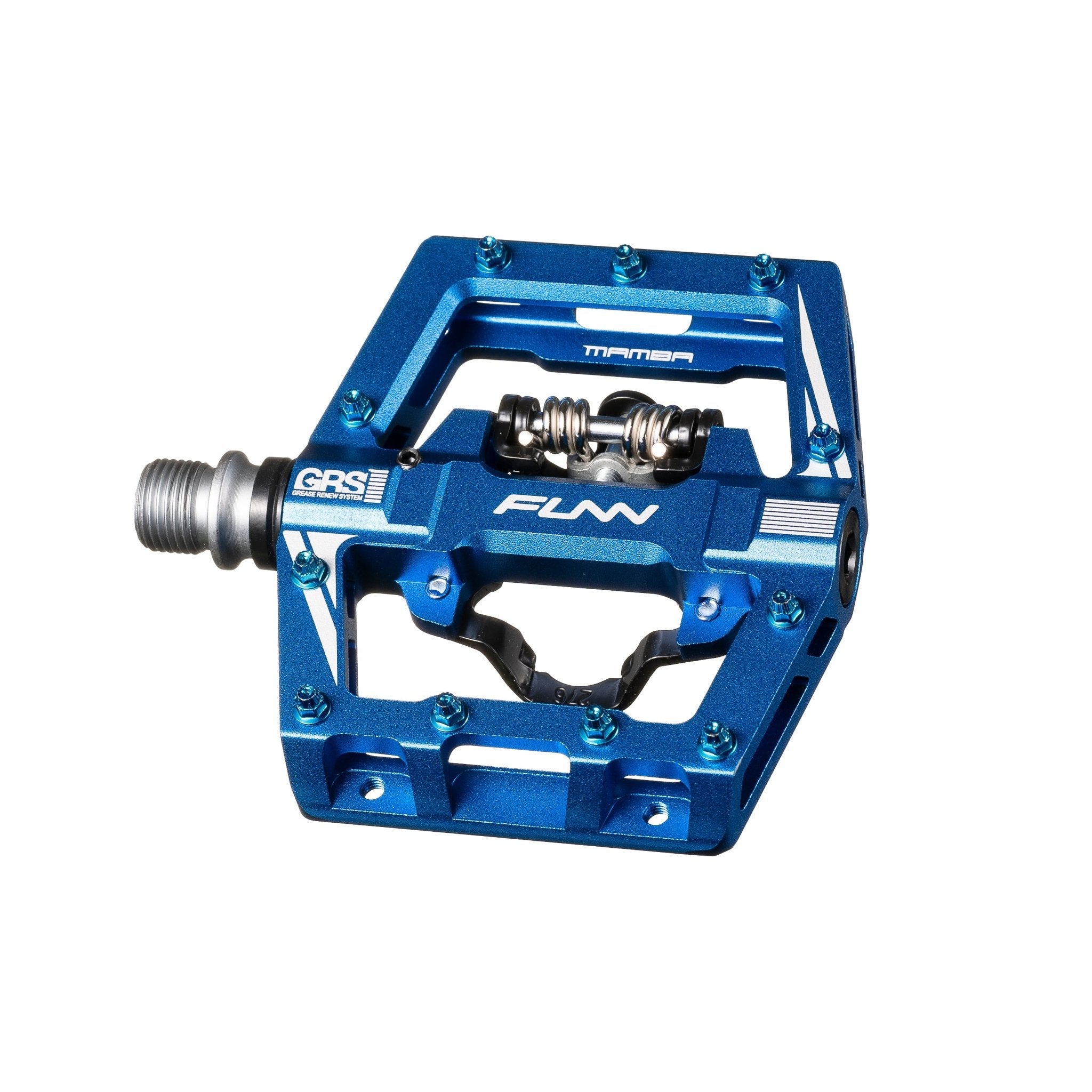 Blue aluminum FUNN Mamba S Clip-In Pedals, Clip single side platform with pins and GRS system for mountain bike control