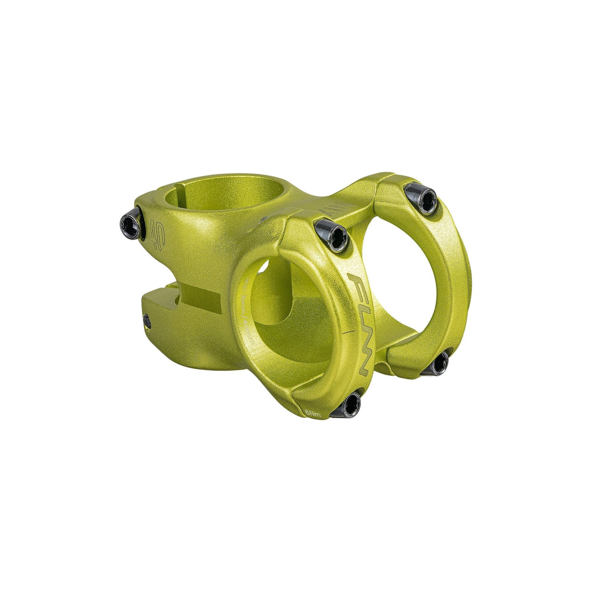 FUNN Nixie Stem in metallic lime green alloy, short MTB handlebar stem with dual clamp and four-bolt faceplate